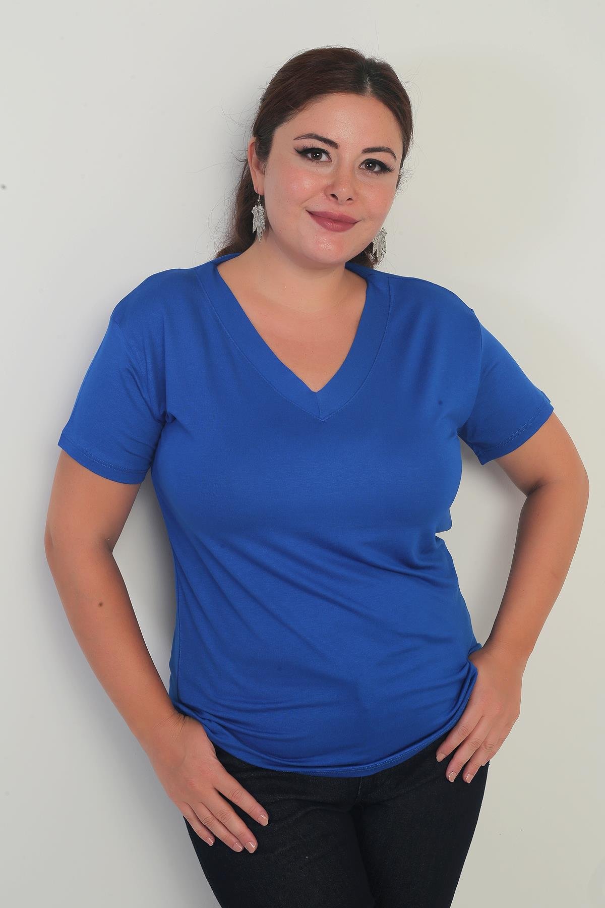 S-25Y0270032Kadın V Yaka Likralı Büyük Beden Bluz