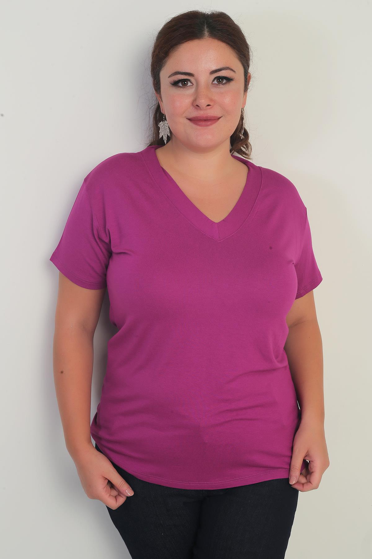 S-25Y0270032Kadın V Yaka Likralı Büyük Beden Bluz