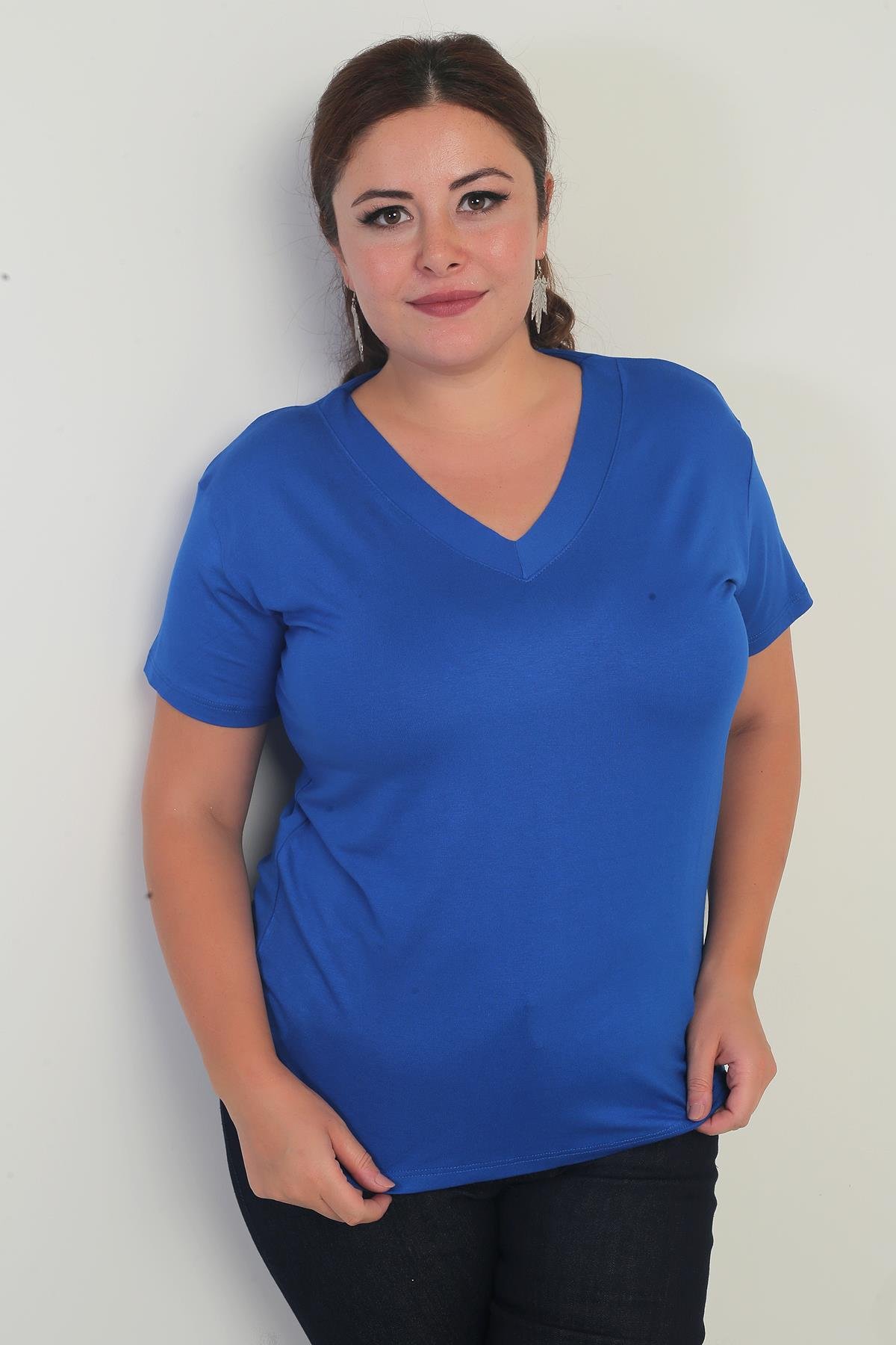 S-25Y0270032Kadın V Yaka Likralı Büyük Beden Bluz