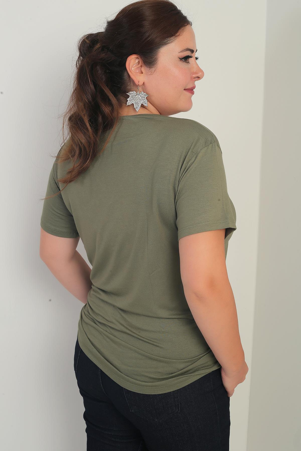 S-25Y0270032Kadın V Yaka Likralı Büyük Beden Bluz