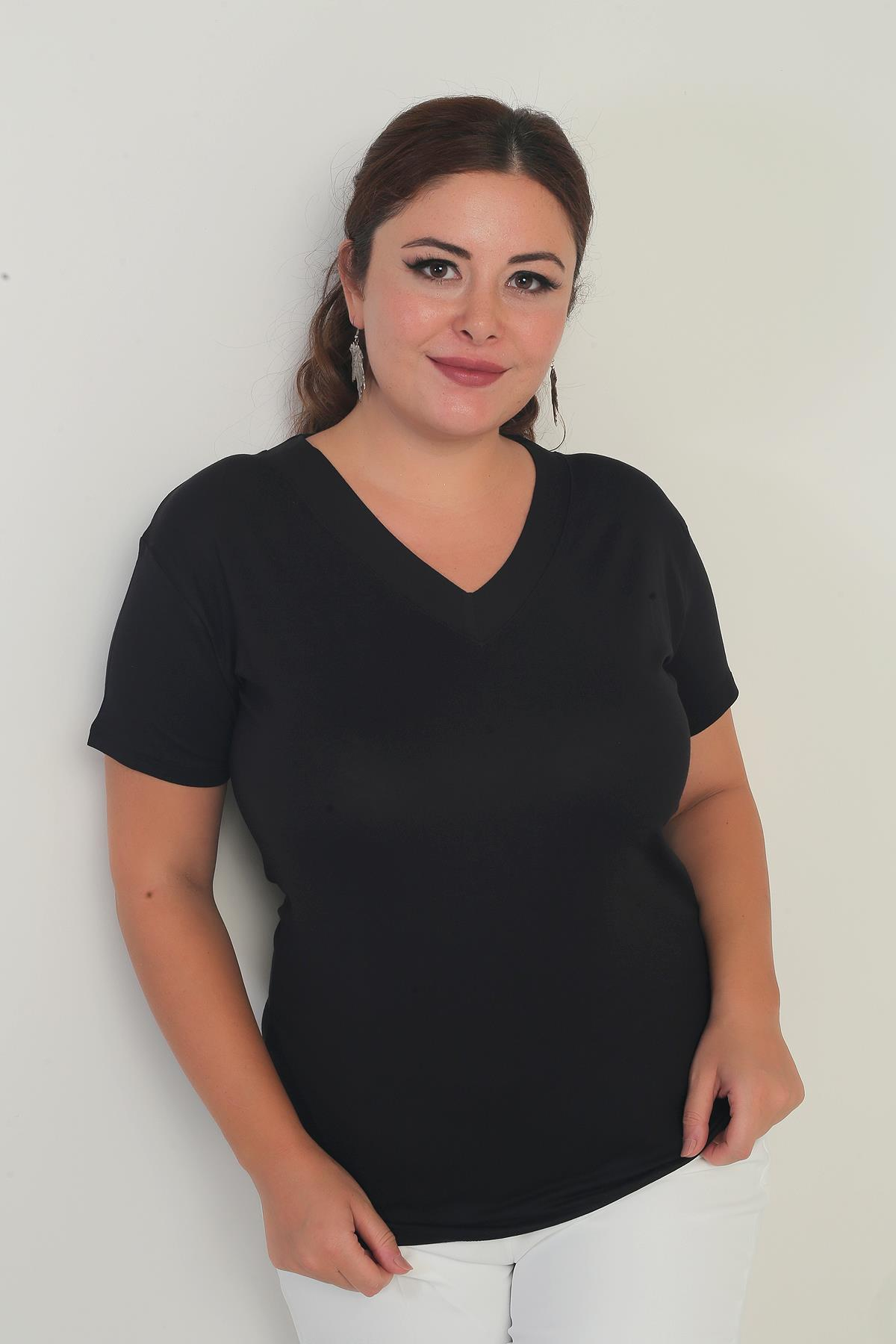 S-25Y0270032Kadın V Yaka Likralı Büyük Beden Bluz