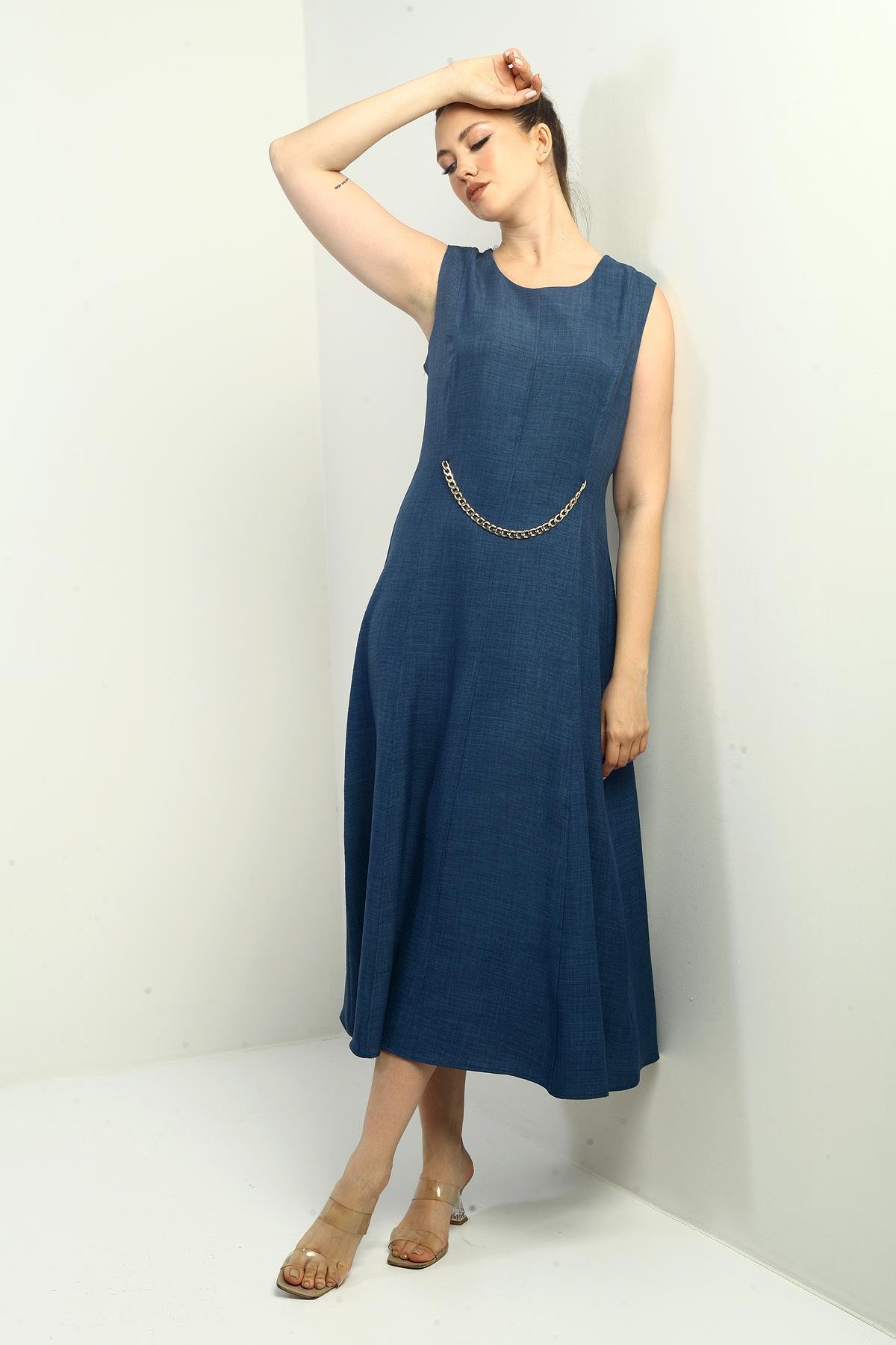 S-25Y0840007Kadın Zincir Detaylı Midi Elbise