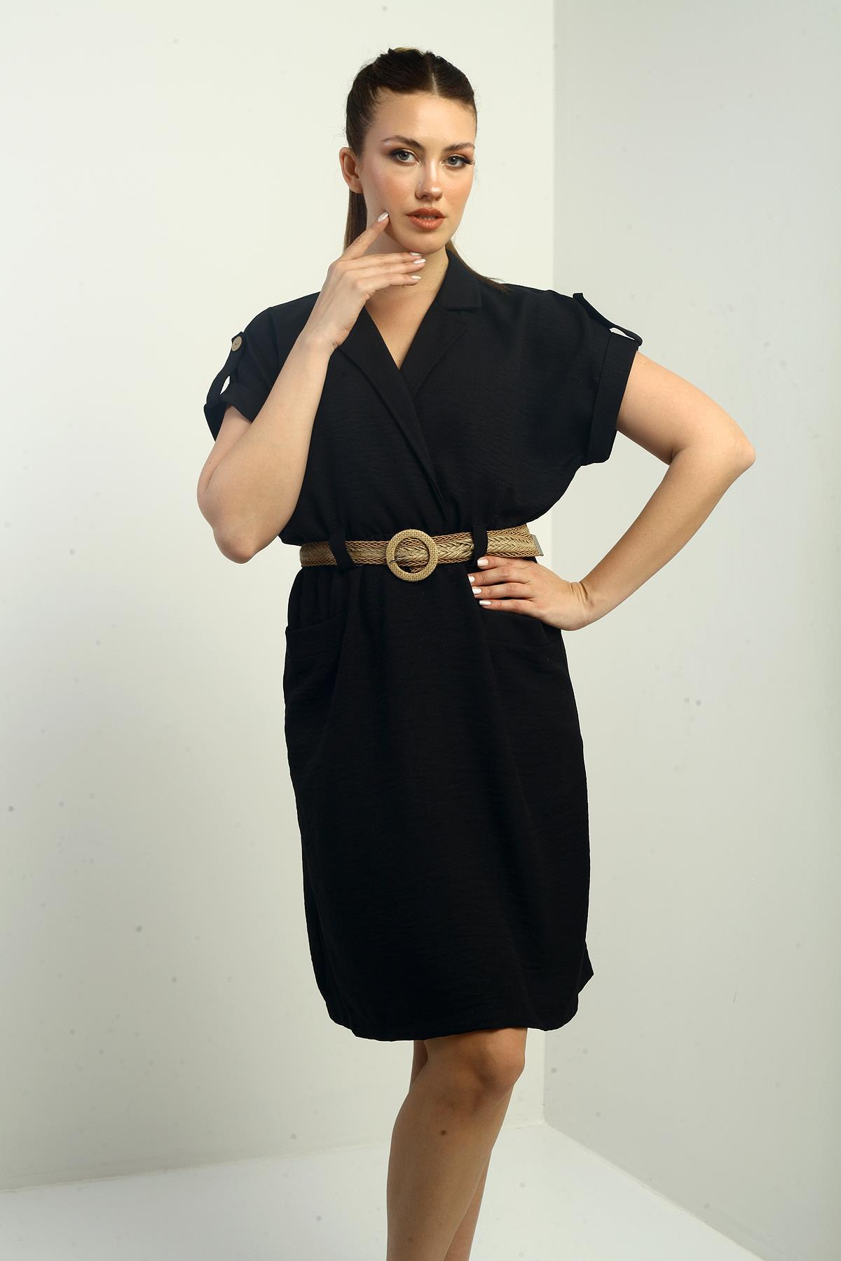 S-25Y0840010Kadın Torba Cepli Beli Kemerli Elbise