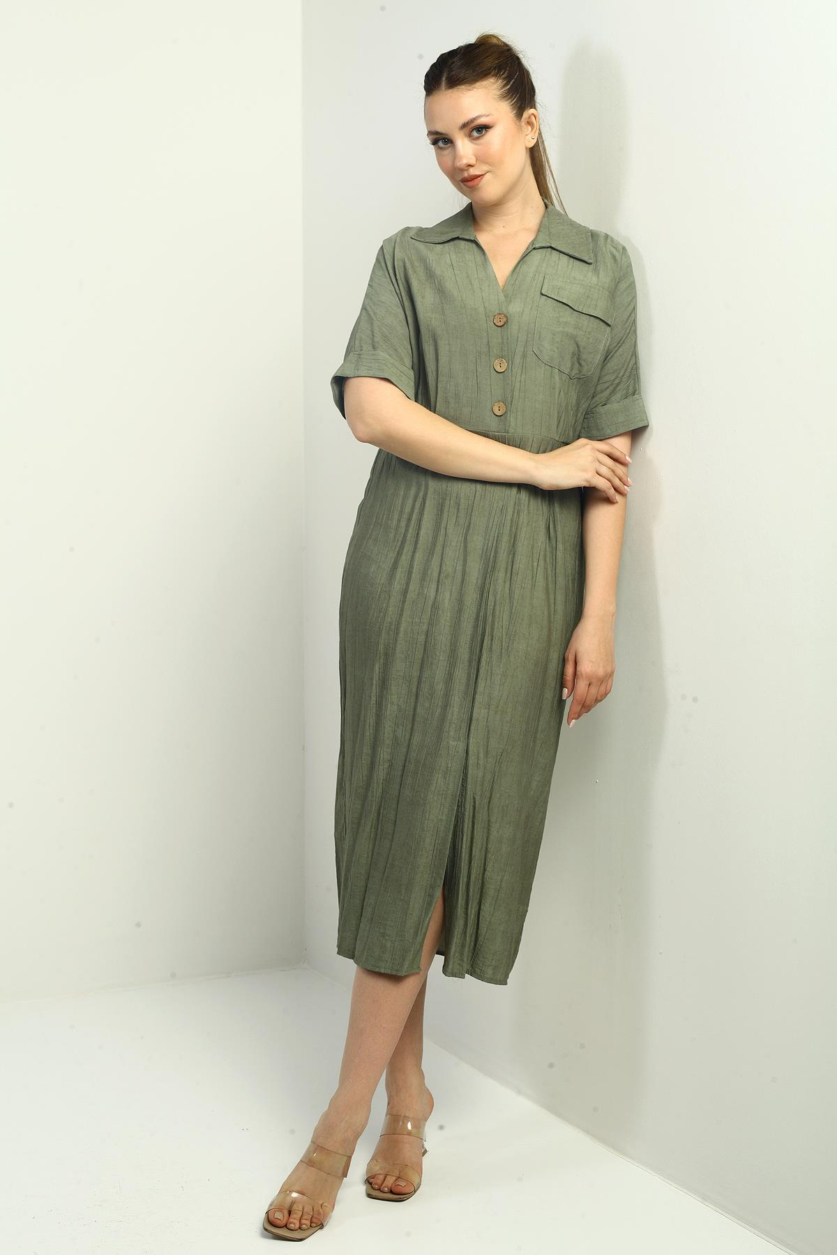 S-25Y0840011Kadın Tek Cepli Yarım Düğmeli Önü Yırtmaçlı Degrade Elbise