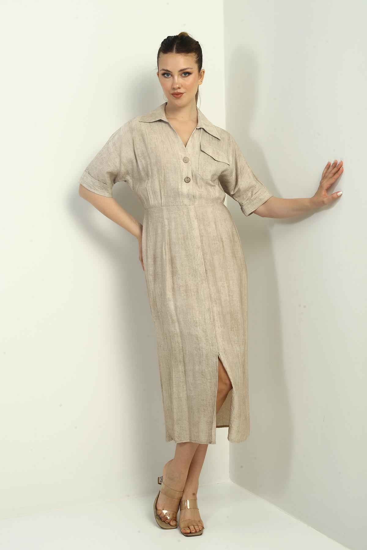 S-25Y0840011Kadın Tek Cepli Yarım Düğmeli Önü Yırtmaçlı Degrade Elbise