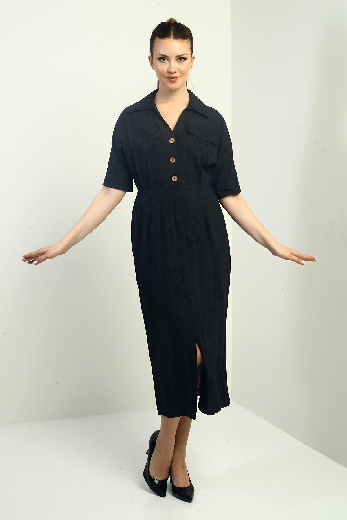 S-25Y0840011Kadın Tek Cepli Yarım Düğmeli Önü Yırtmaçlı Degrade Elbise