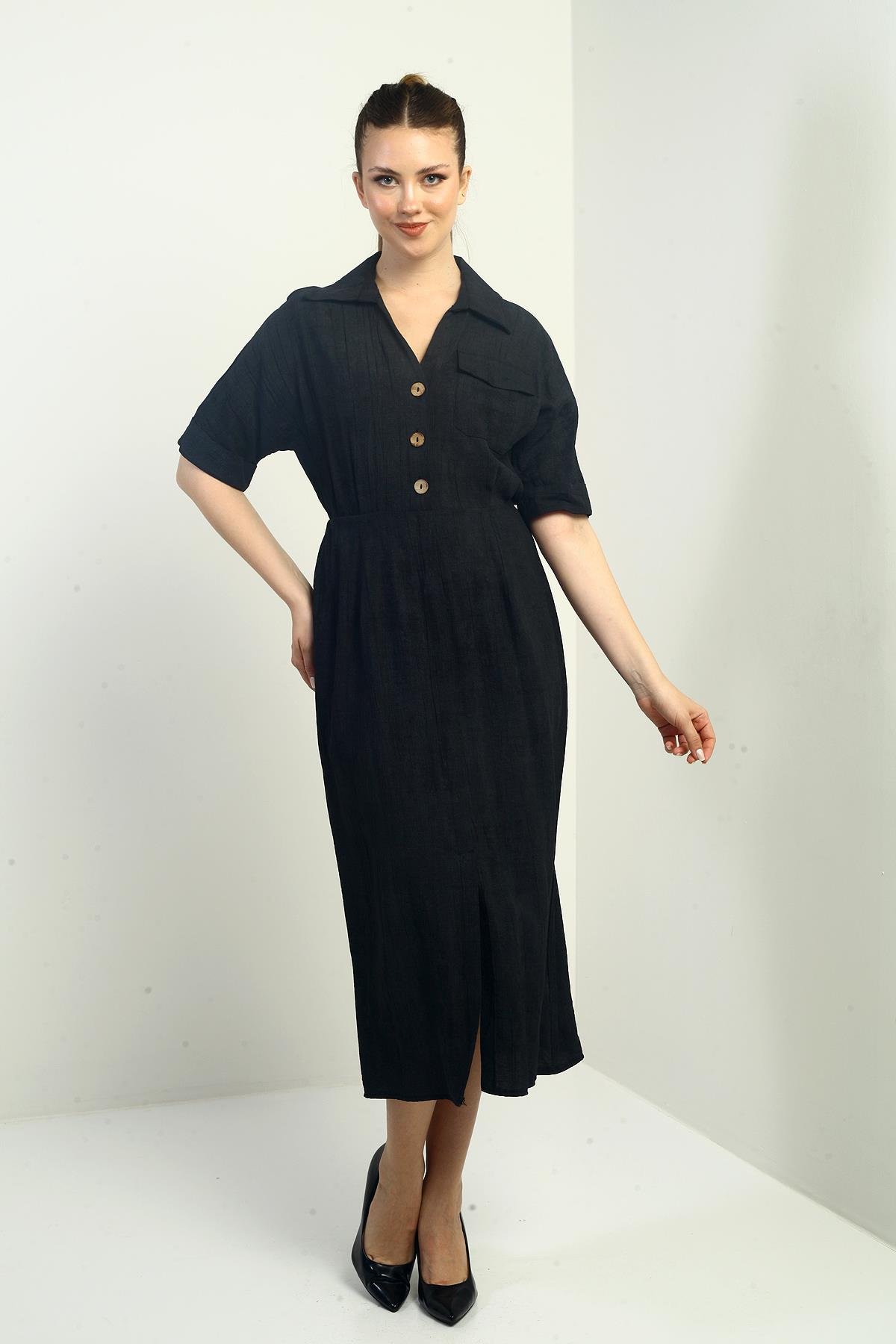 S-25Y0840011Kadın Tek Cepli Yarım Düğmeli Önü Yırtmaçlı Degrade Elbise