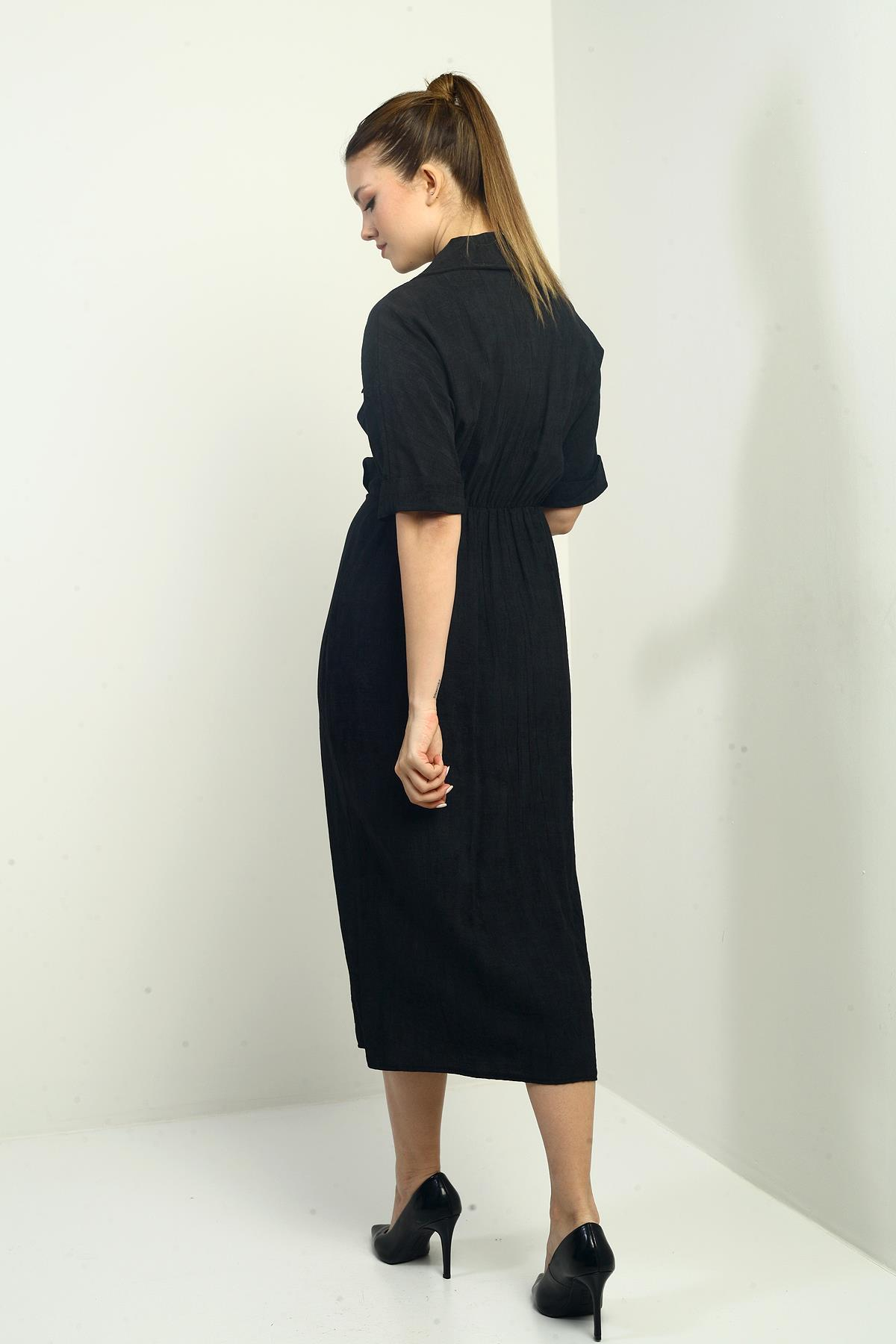 S-25Y0840011Kadın Tek Cepli Yarım Düğmeli Önü Yırtmaçlı Degrade Elbise