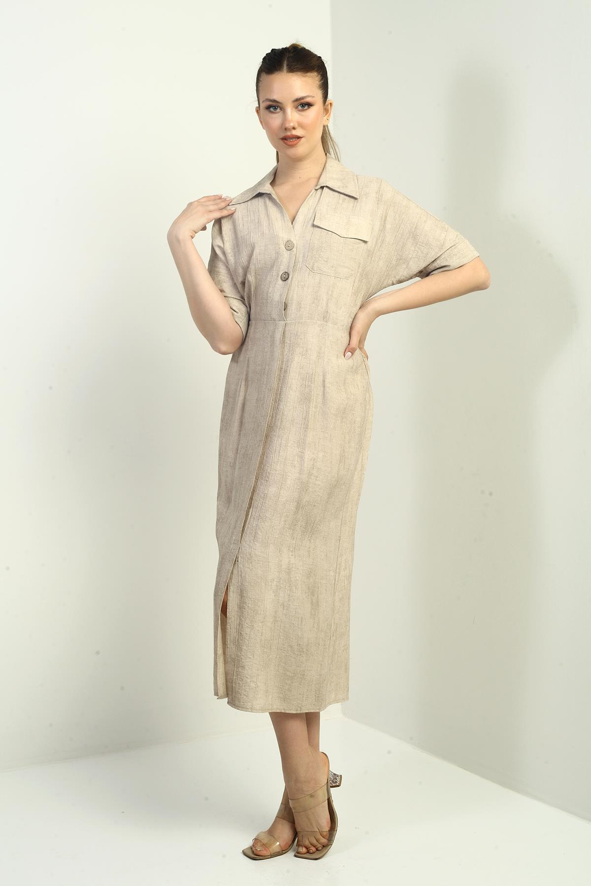 S-25Y0840011Kadın Tek Cepli Yarım Düğmeli Önü Yırtmaçlı Degrade Elbise