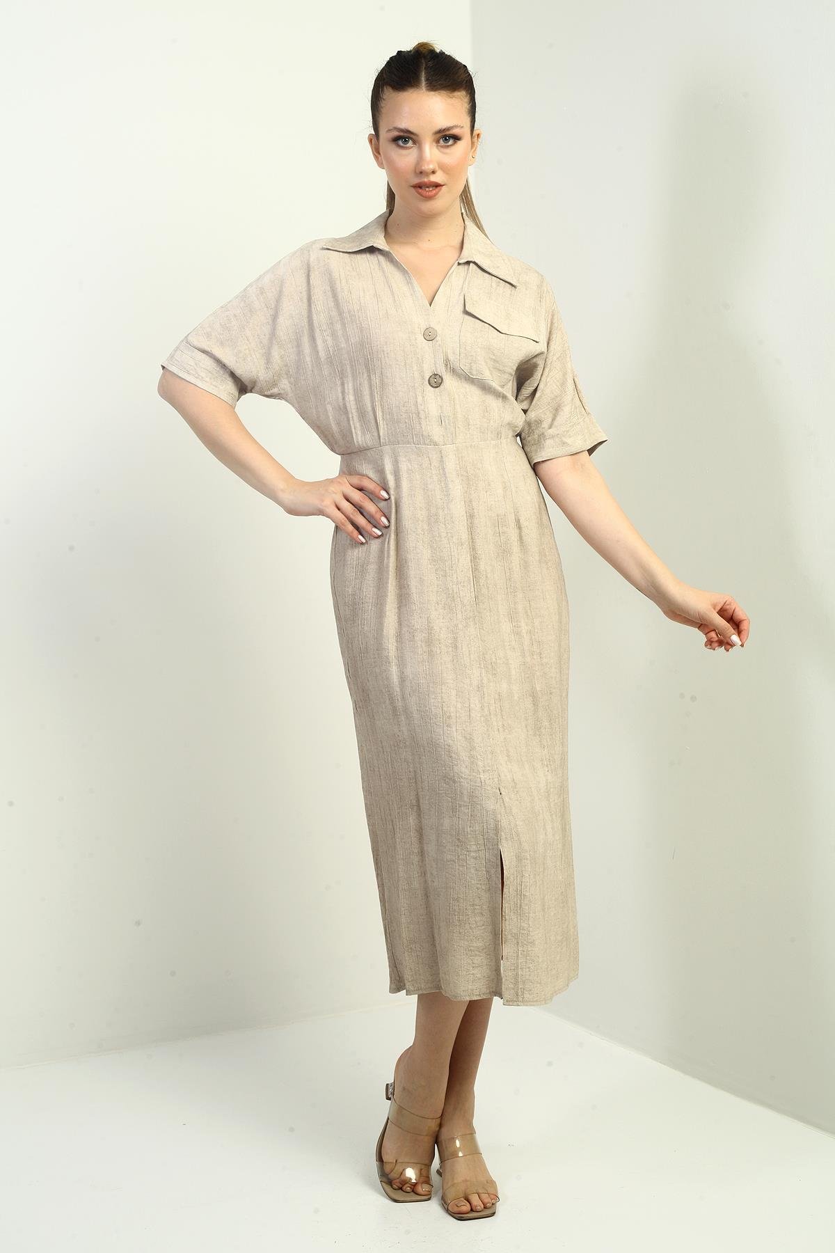 S-25Y0840011Kadın Tek Cepli Yarım Düğmeli Önü Yırtmaçlı Degrade Elbise