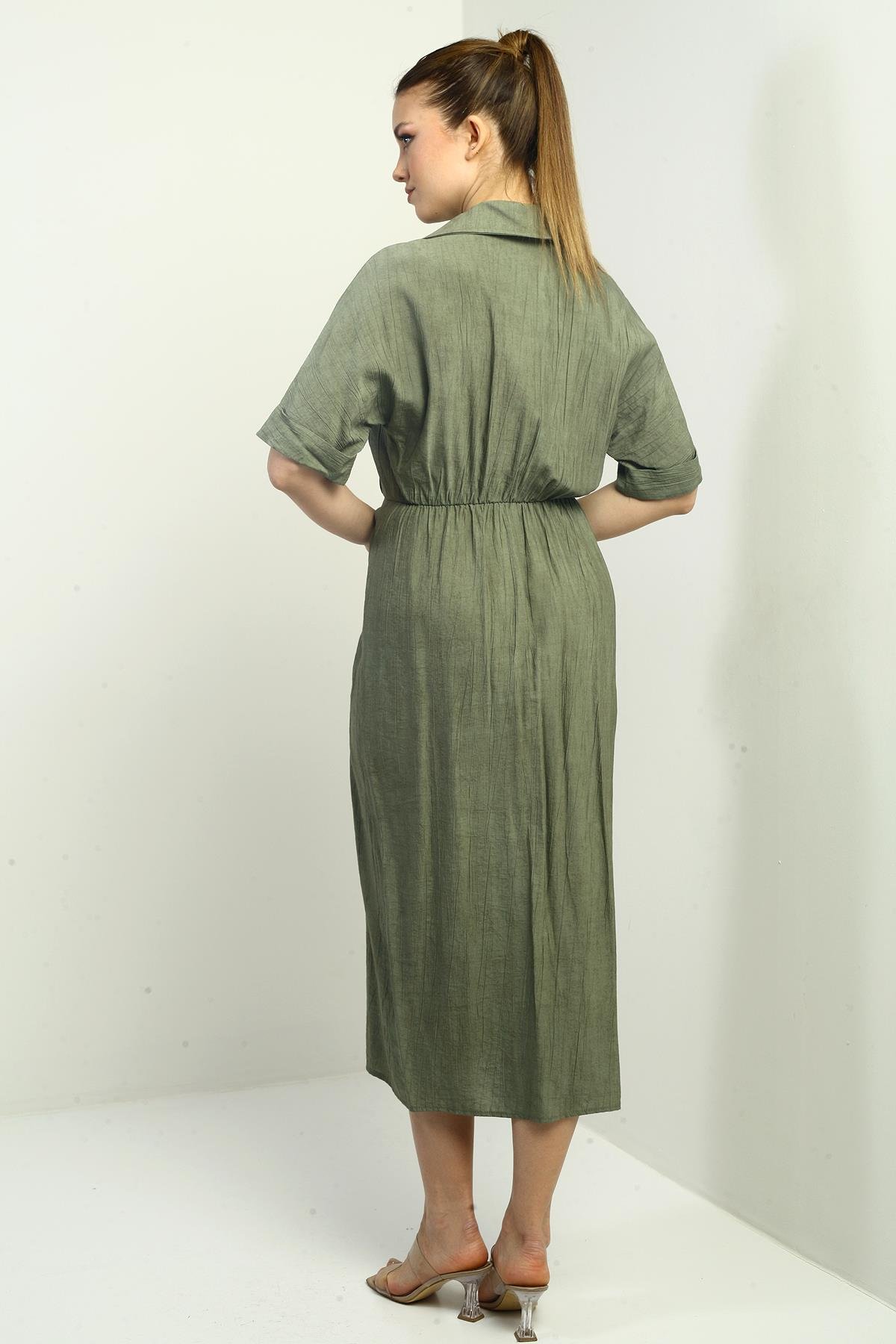 S-25Y0840011Kadın Tek Cepli Yarım Düğmeli Önü Yırtmaçlı Degrade Elbise