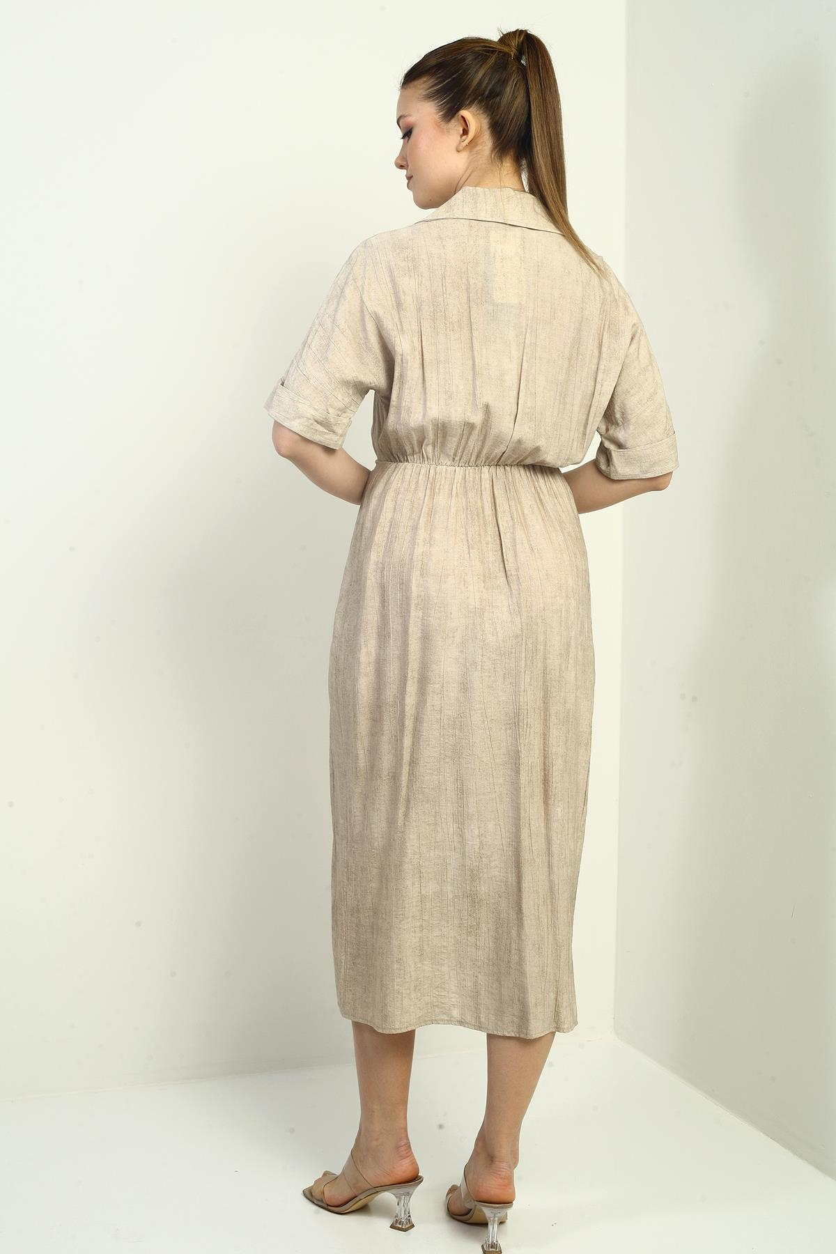 S-25Y0840011Kadın Tek Cepli Yarım Düğmeli Önü Yırtmaçlı Degrade Elbise