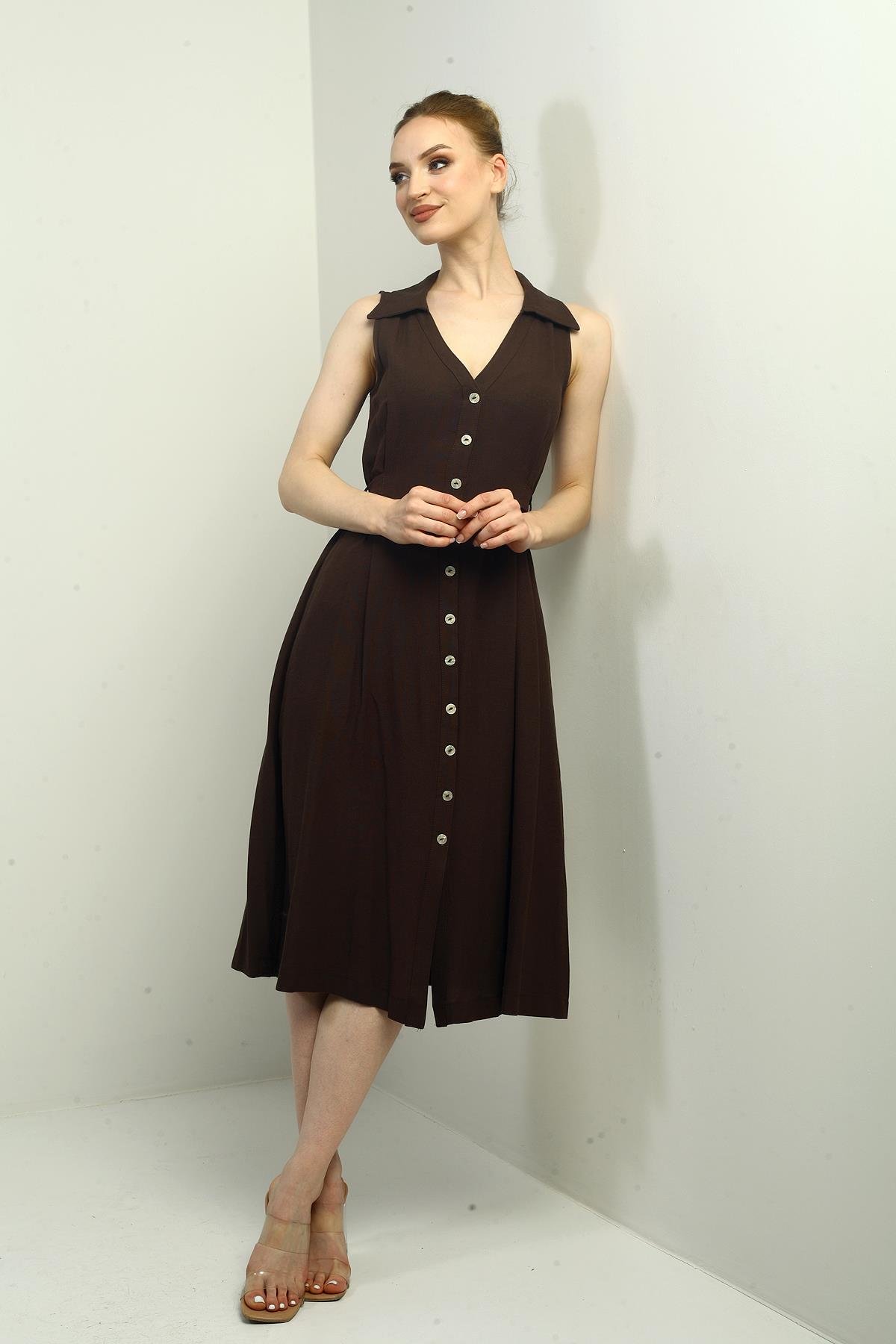 S-25Y0840020Kadın Polo Yaka Ön Pile Düğme Detaylı Midi Keten Elbise