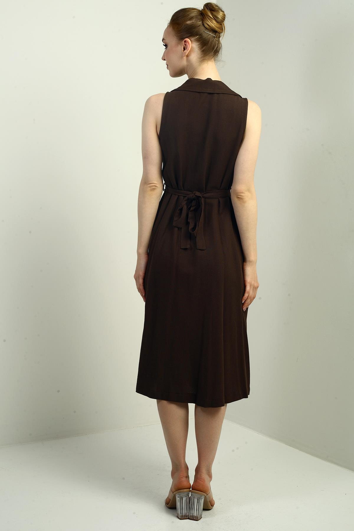 S-25Y0840020Kadın Polo Yaka Ön Pile Düğme Detaylı Midi Keten Elbise