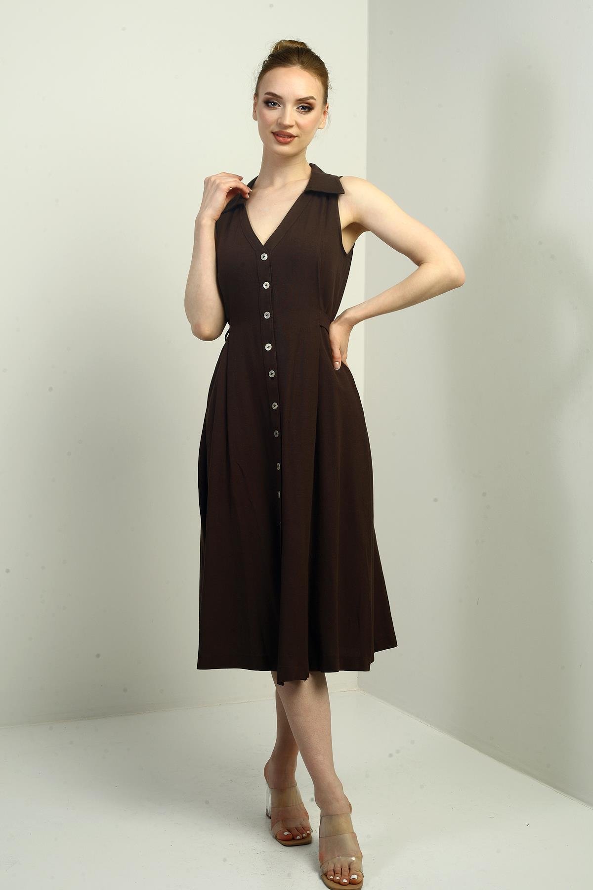 S-25Y0840020Kadın Polo Yaka Ön Pile Düğme Detaylı Midi Keten Elbise