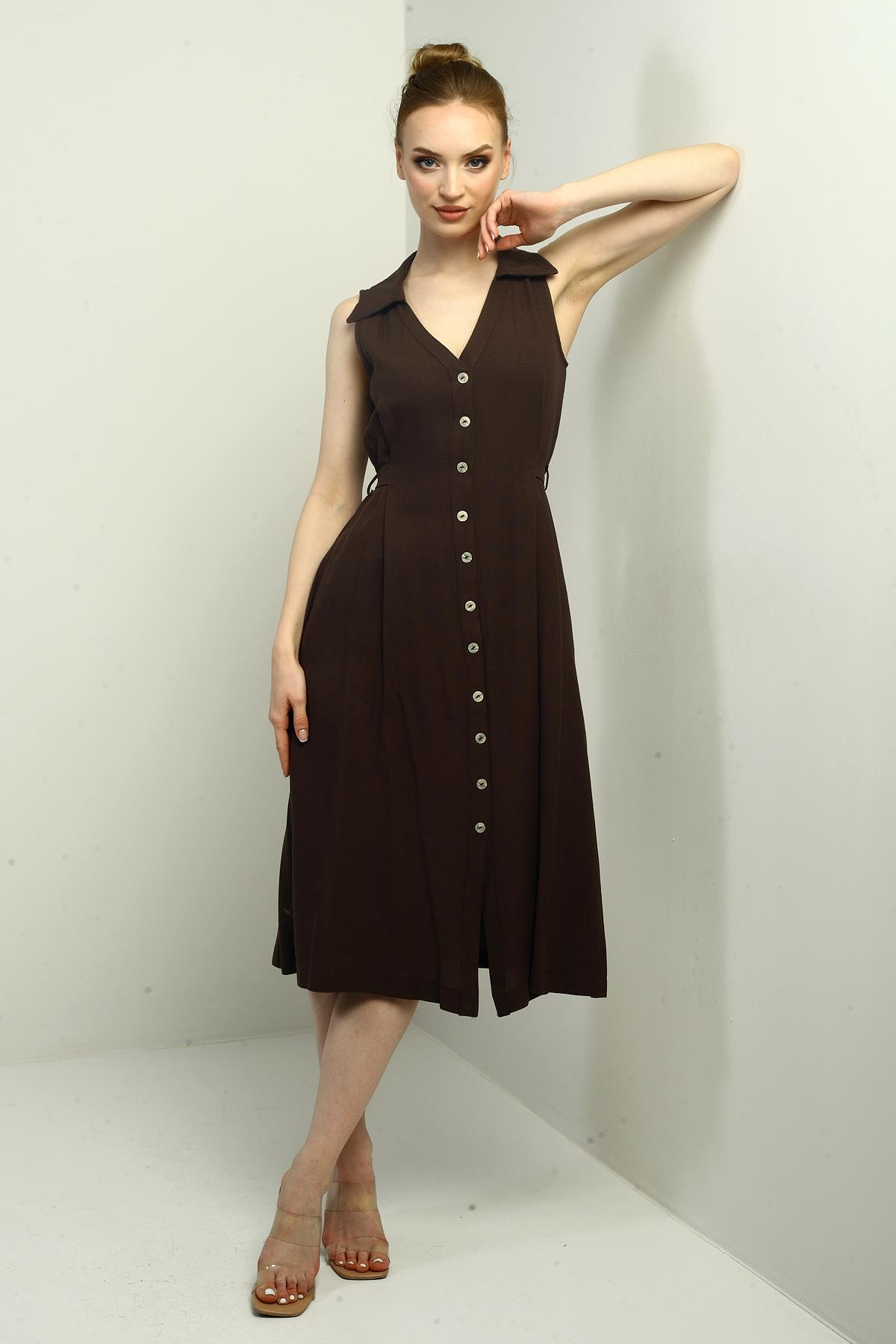 S-25Y0840020Kadın Polo Yaka Ön Pile Düğme Detaylı Midi Keten Elbise