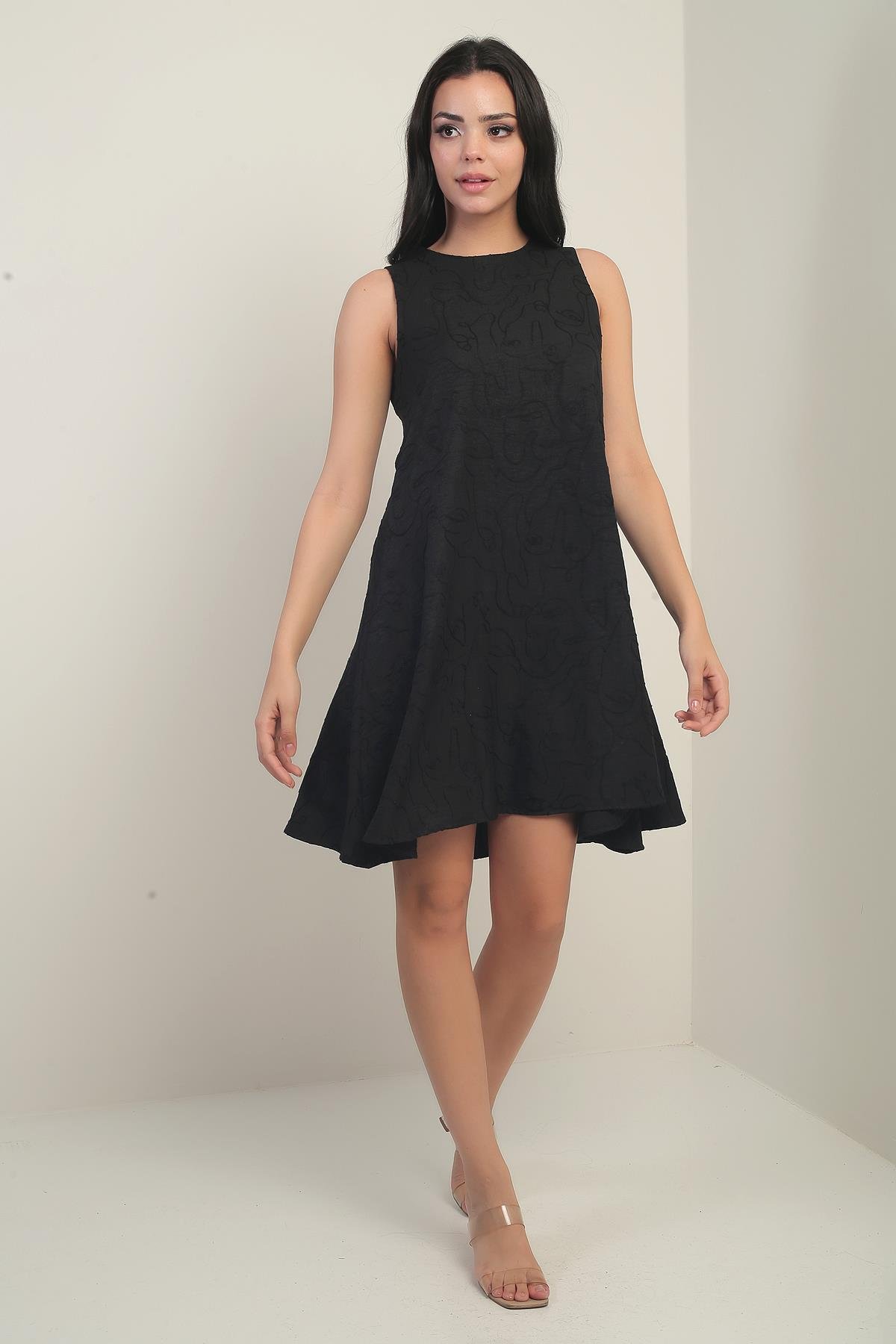 S-25Y0840046Kadın Yuvarlak Yaka Karışık Desen Kordeneli Kısa Elbise