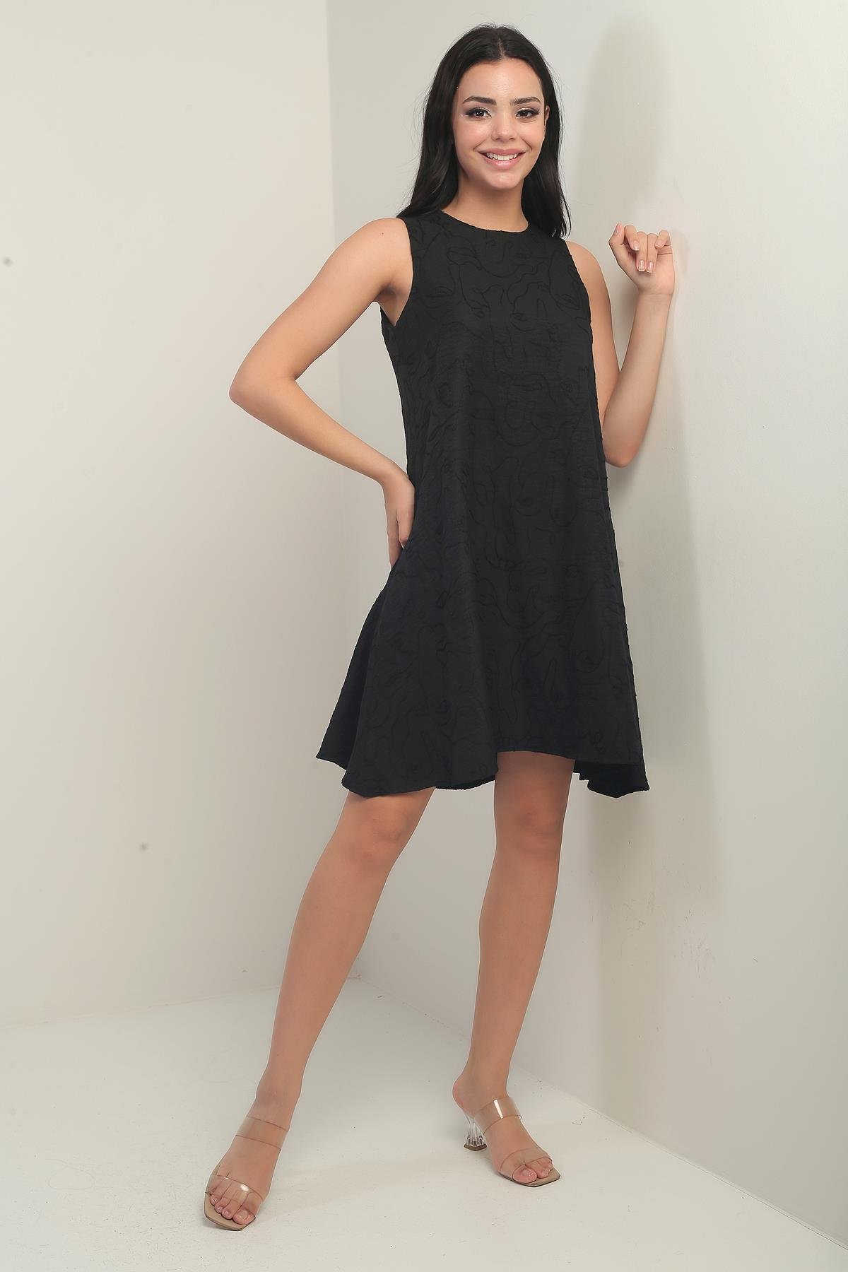 S-25Y0840046Kadın Yuvarlak Yaka Karışık Desen Kordeneli Kısa Elbise