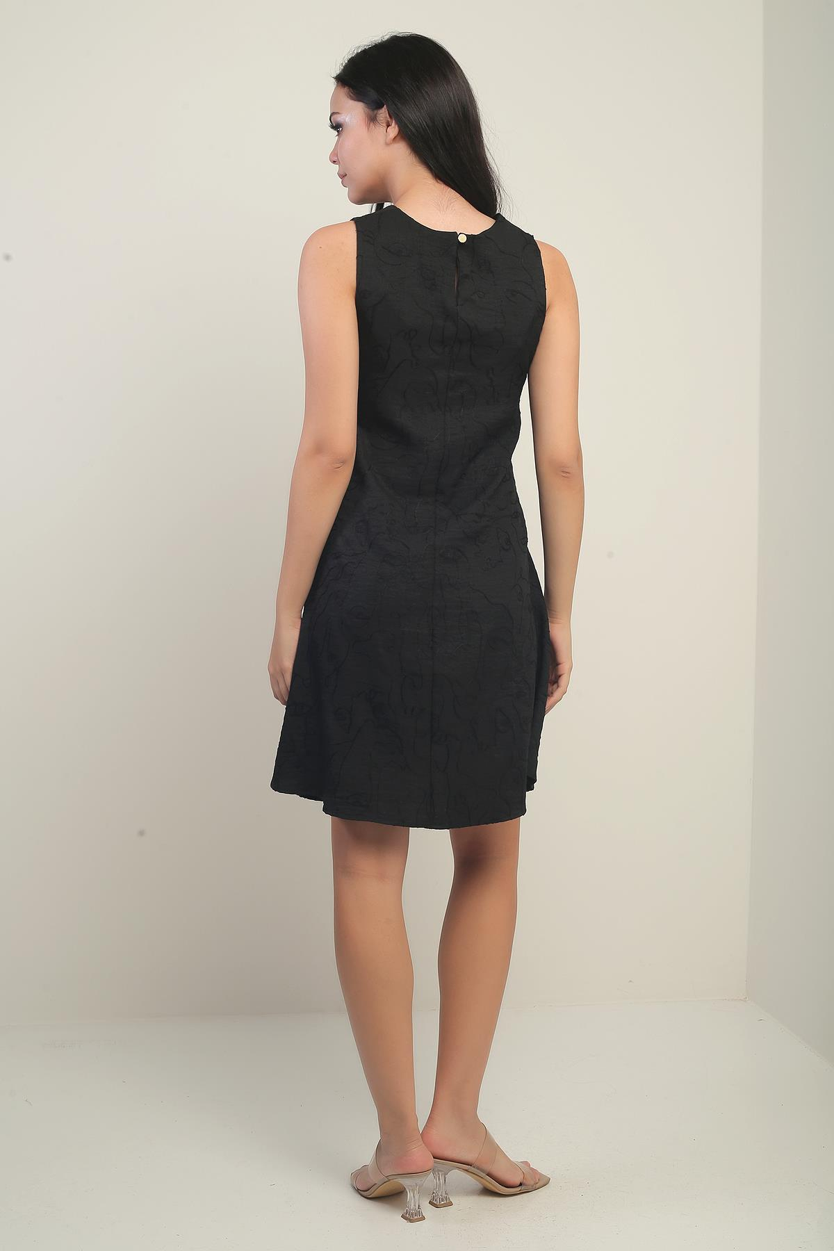 S-25Y0840046Kadın Yuvarlak Yaka Karışık Desen Kordeneli Kısa Elbise