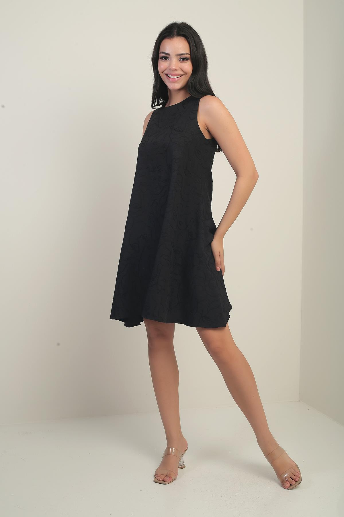 S-25Y0840046Kadın Yuvarlak Yaka Karışık Desen Kordeneli Kısa Elbise