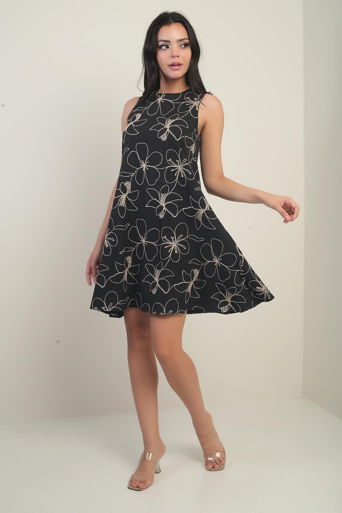 S-25Y0840047Kadın Yuvarlak Yaka Çiçek Desenli Kordeneli Kısa Elbise