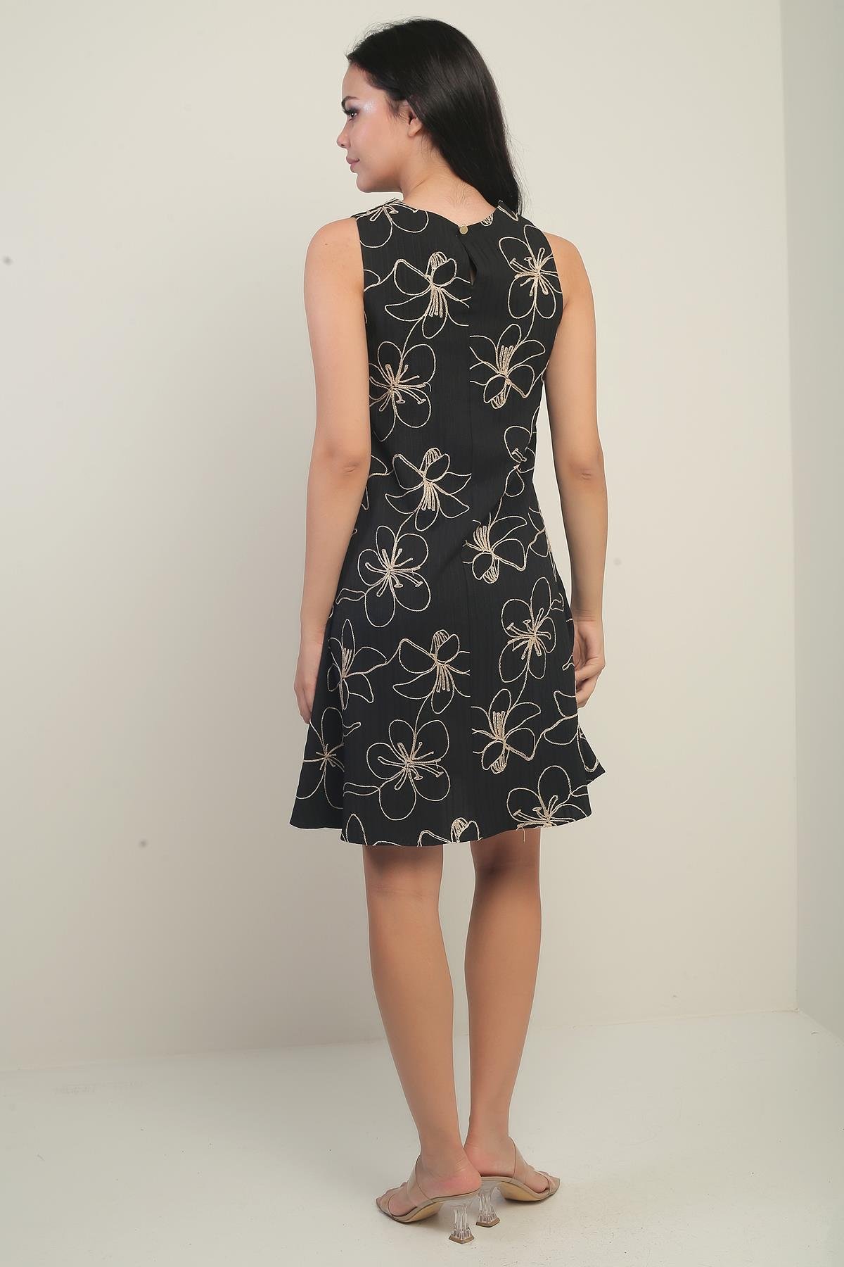 S-25Y0840047Kadın Yuvarlak Yaka Çiçek Desenli Kordeneli Kısa Elbise