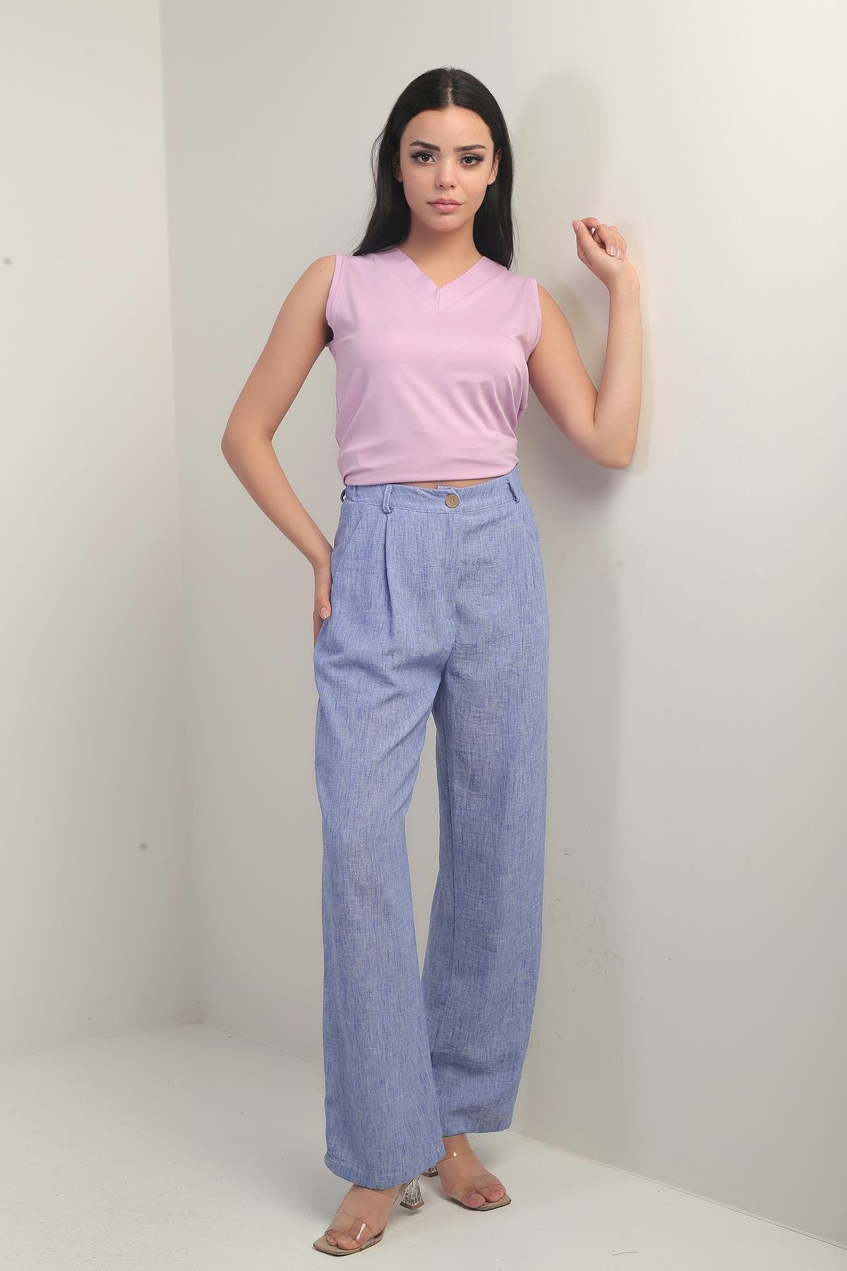 S-25Y0840056Kadın Beli Lastikli Cepli Pile Detaylı Palazzo Pantolon