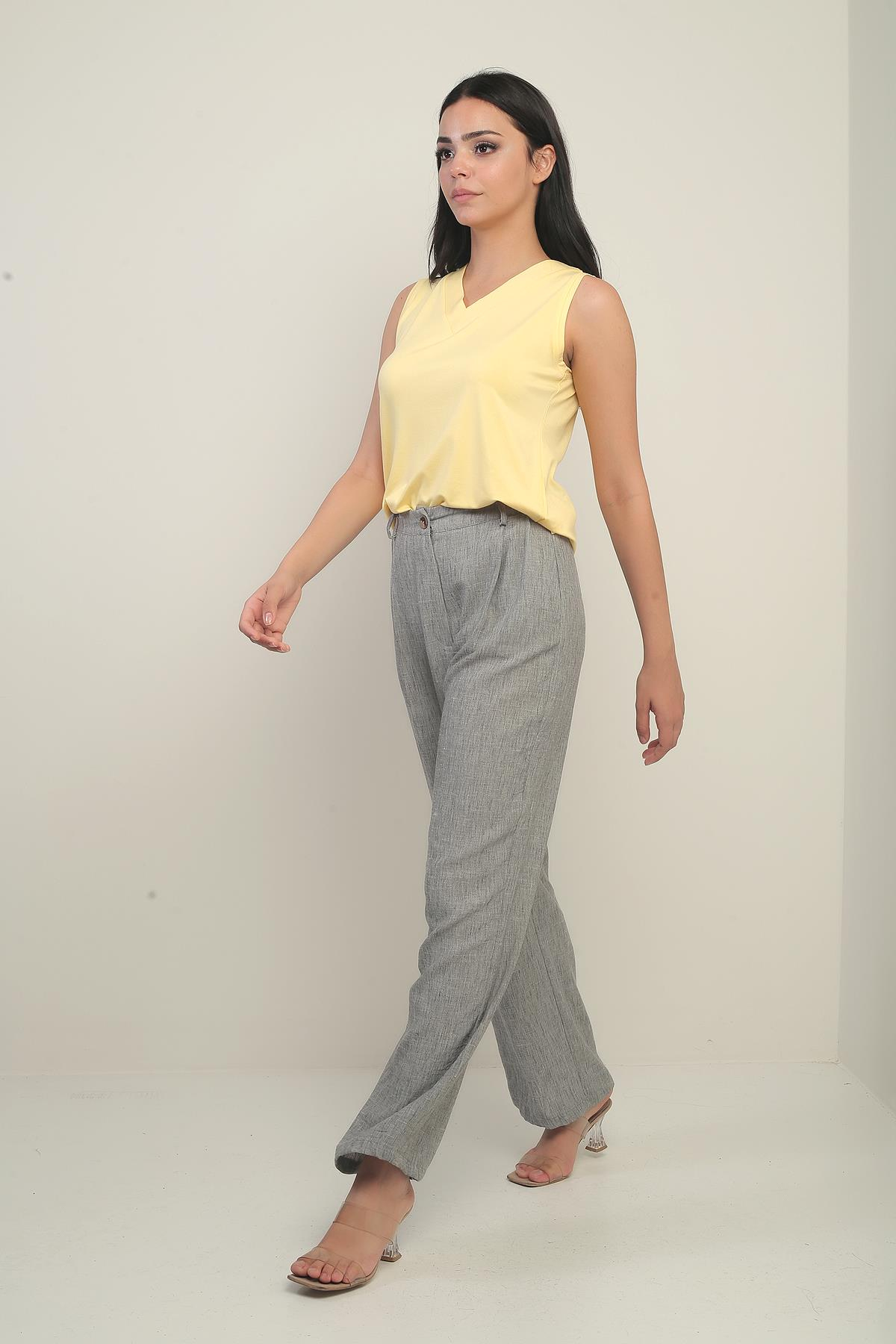 S-25Y0840056Kadın Beli Lastikli Cepli Pile Detaylı Palazzo Pantolon