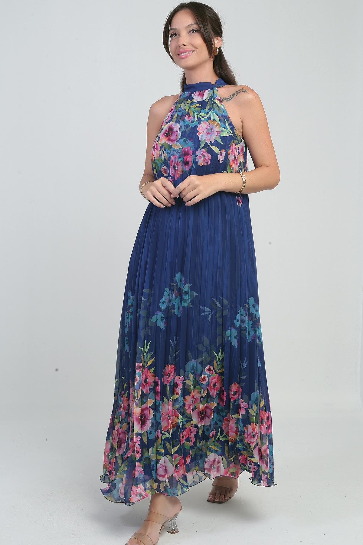 S-25Y0840058Kadın Çiçek Desenli Astarlı Plisoley Şifon Uzun Elbise