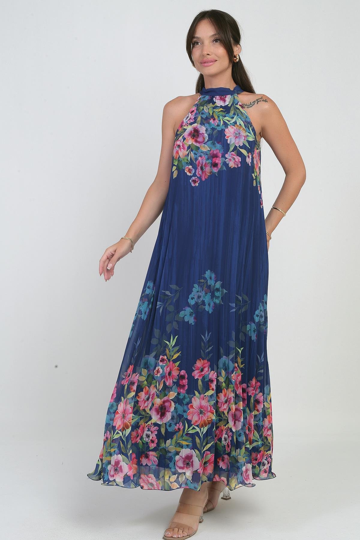 S-25Y0840058Kadın Çiçek Desenli Astarlı Plisoley Şifon Uzun Elbise