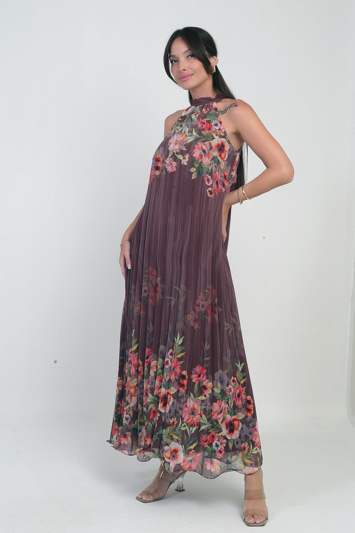 S-25Y0840058Kadın Çiçek Desenli Astarlı Plisoley Şifon Uzun Elbise