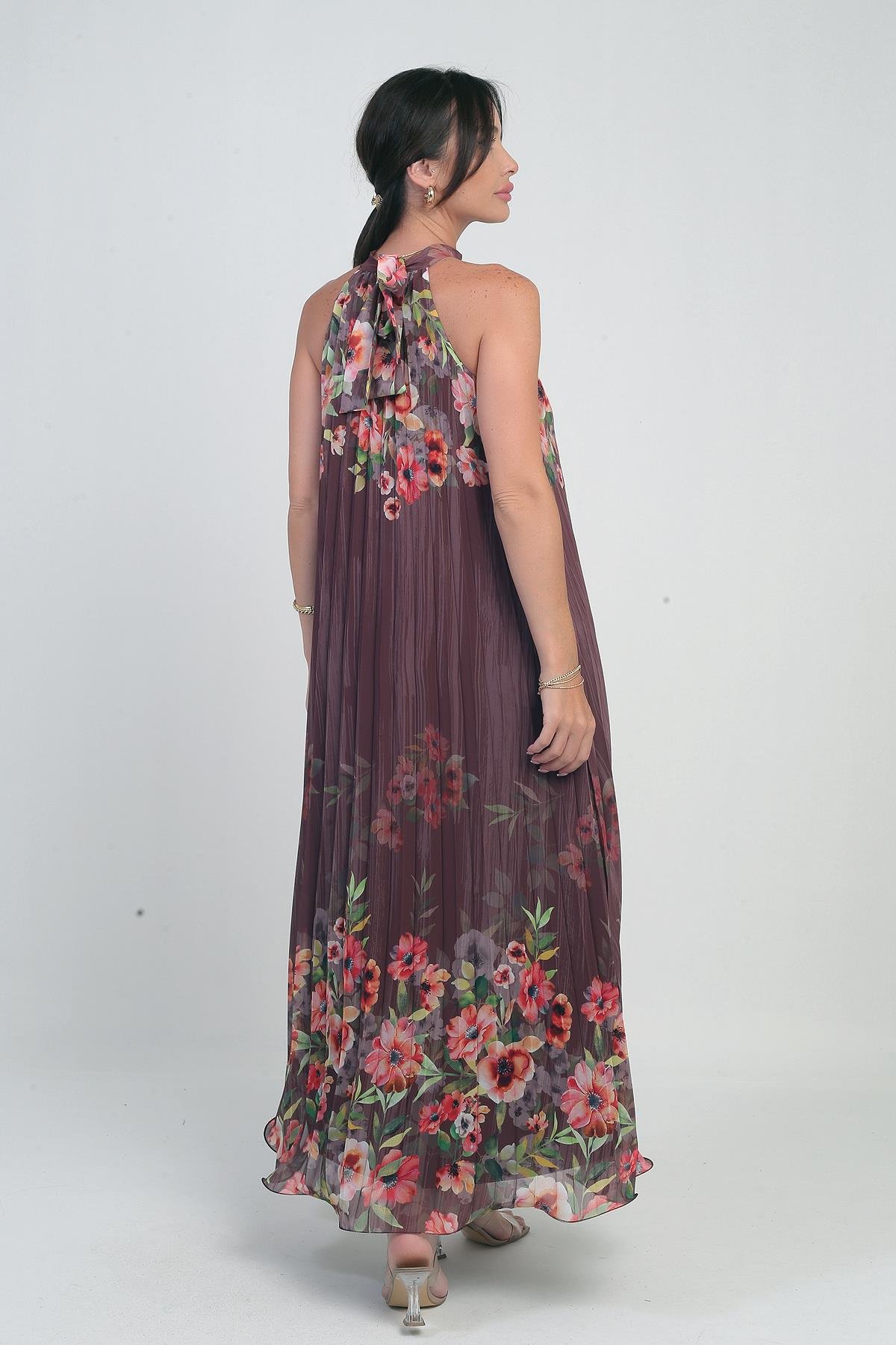 S-25Y0840058Kadın Çiçek Desenli Astarlı Plisoley Şifon Uzun Elbise