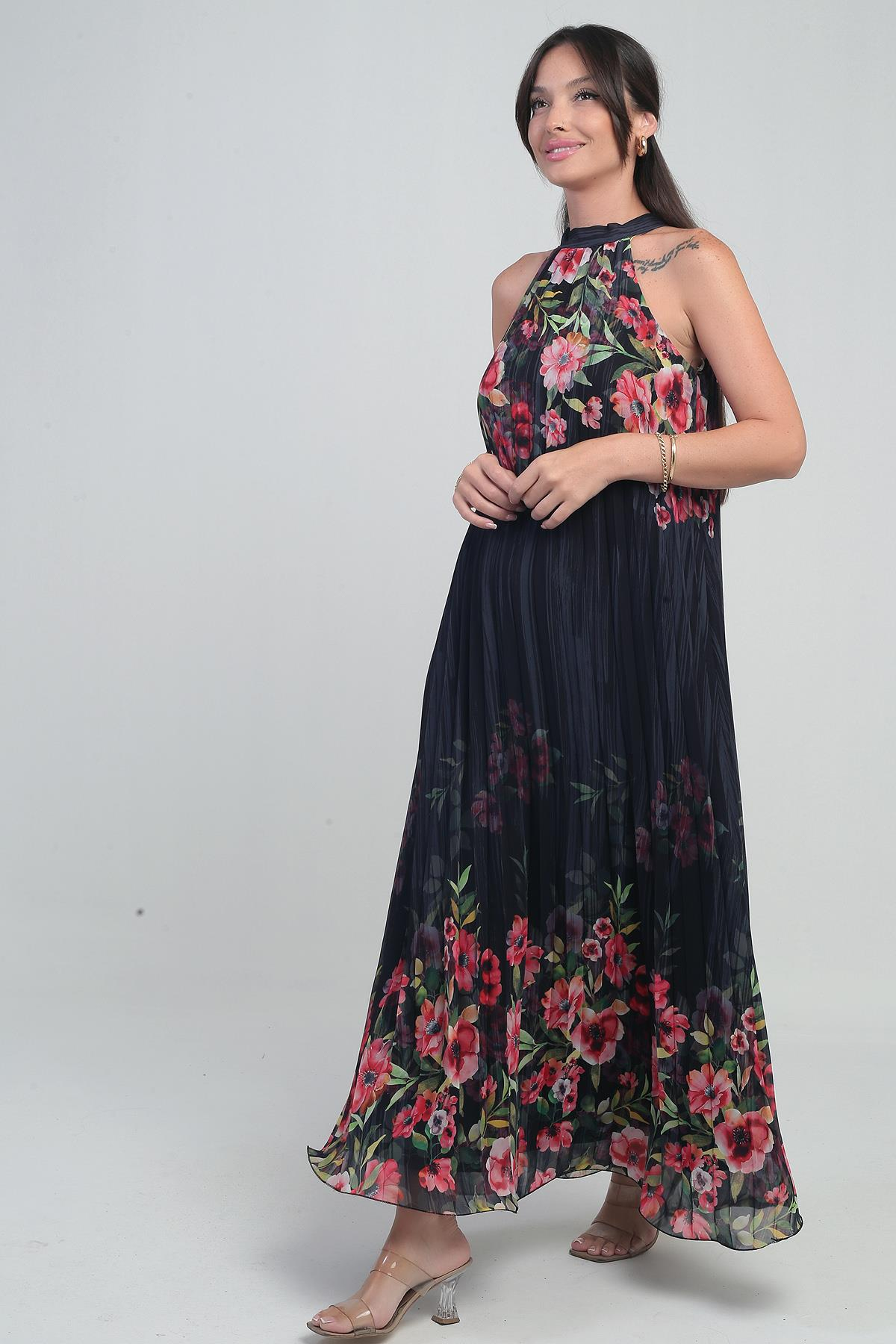 S-25Y0840058Kadın Çiçek Desenli Astarlı Plisoley Şifon Uzun Elbise