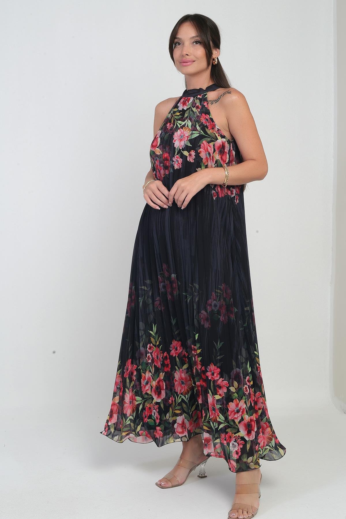 S-25Y0840058Kadın Çiçek Desenli Astarlı Plisoley Şifon Uzun Elbise