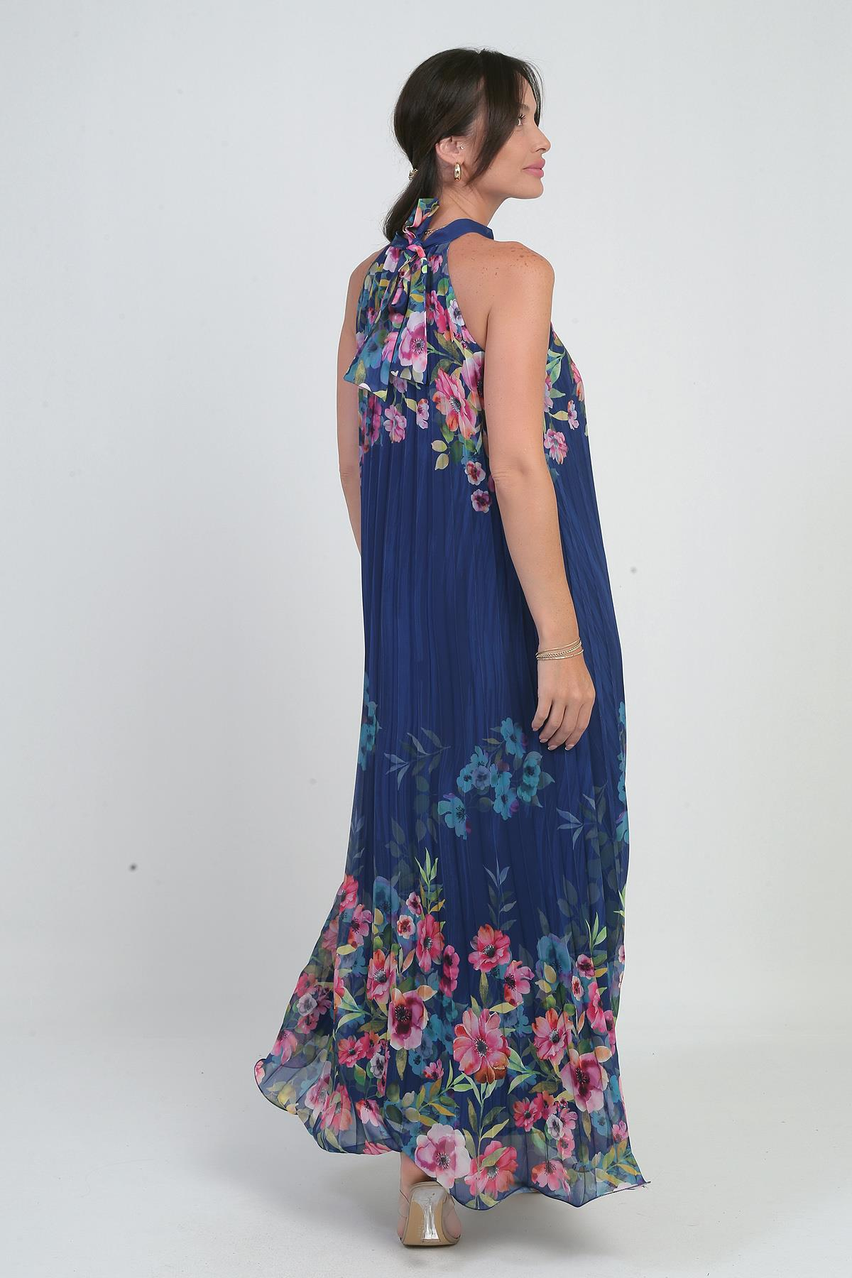 S-25Y0840058Kadın Çiçek Desenli Astarlı Plisoley Şifon Uzun Elbise