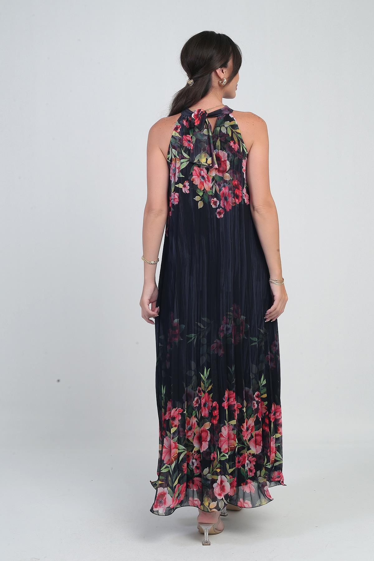 S-25Y0840058Kadın Çiçek Desenli Astarlı Plisoley Şifon Uzun Elbise