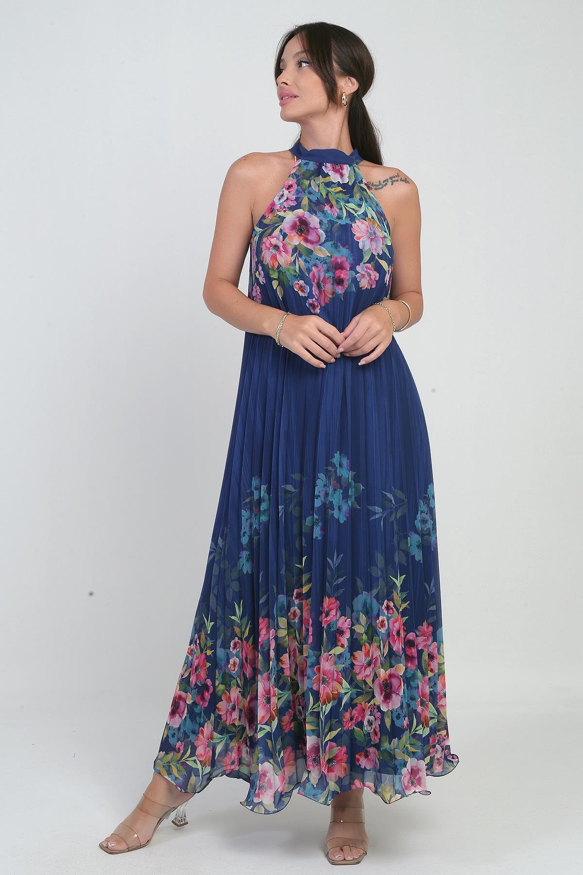 S-25Y0840058Kadın Çiçek Desenli Astarlı Plisoley Şifon Uzun Elbise