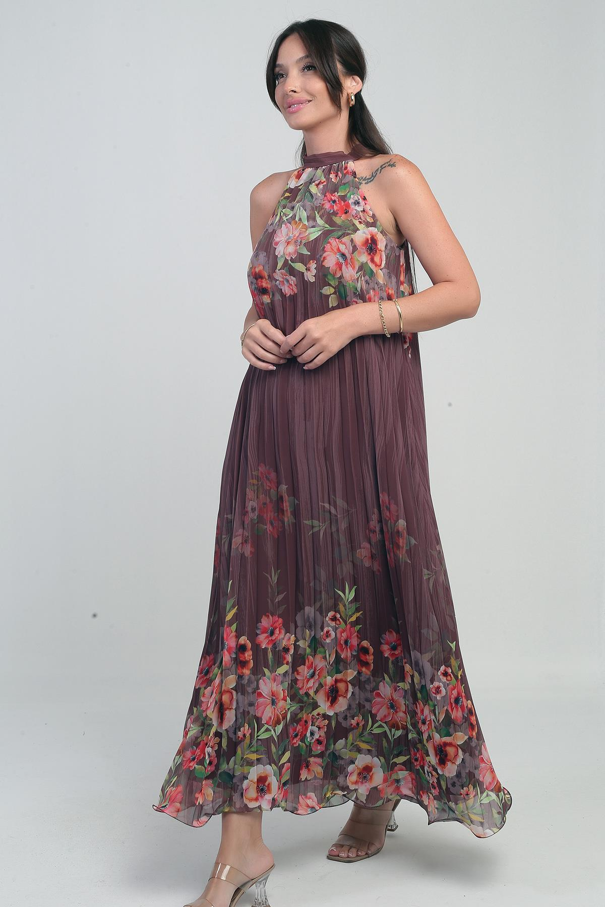 S-25Y0840058Kadın Çiçek Desenli Astarlı Plisoley Şifon Uzun Elbise