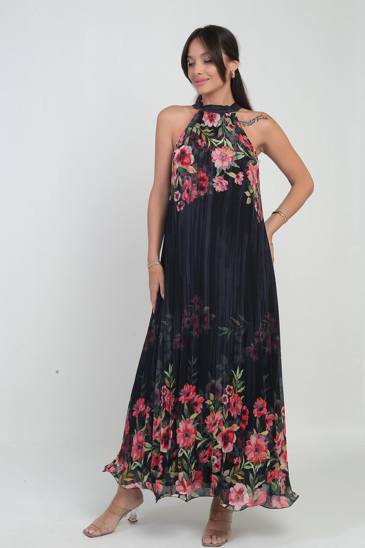 S-25Y0840058Kadın Çiçek Desenli Astarlı Plisoley Şifon Uzun Elbise