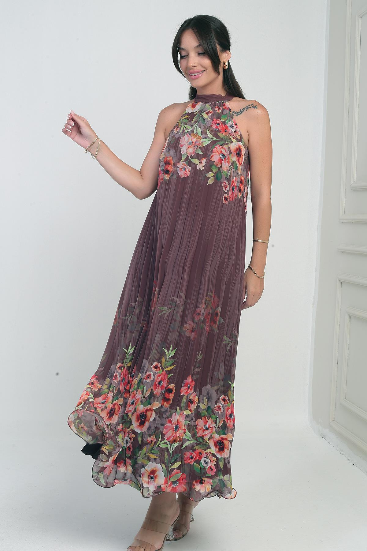 S-25Y0840058Kadın Çiçek Desenli Astarlı Plisoley Şifon Uzun Elbise