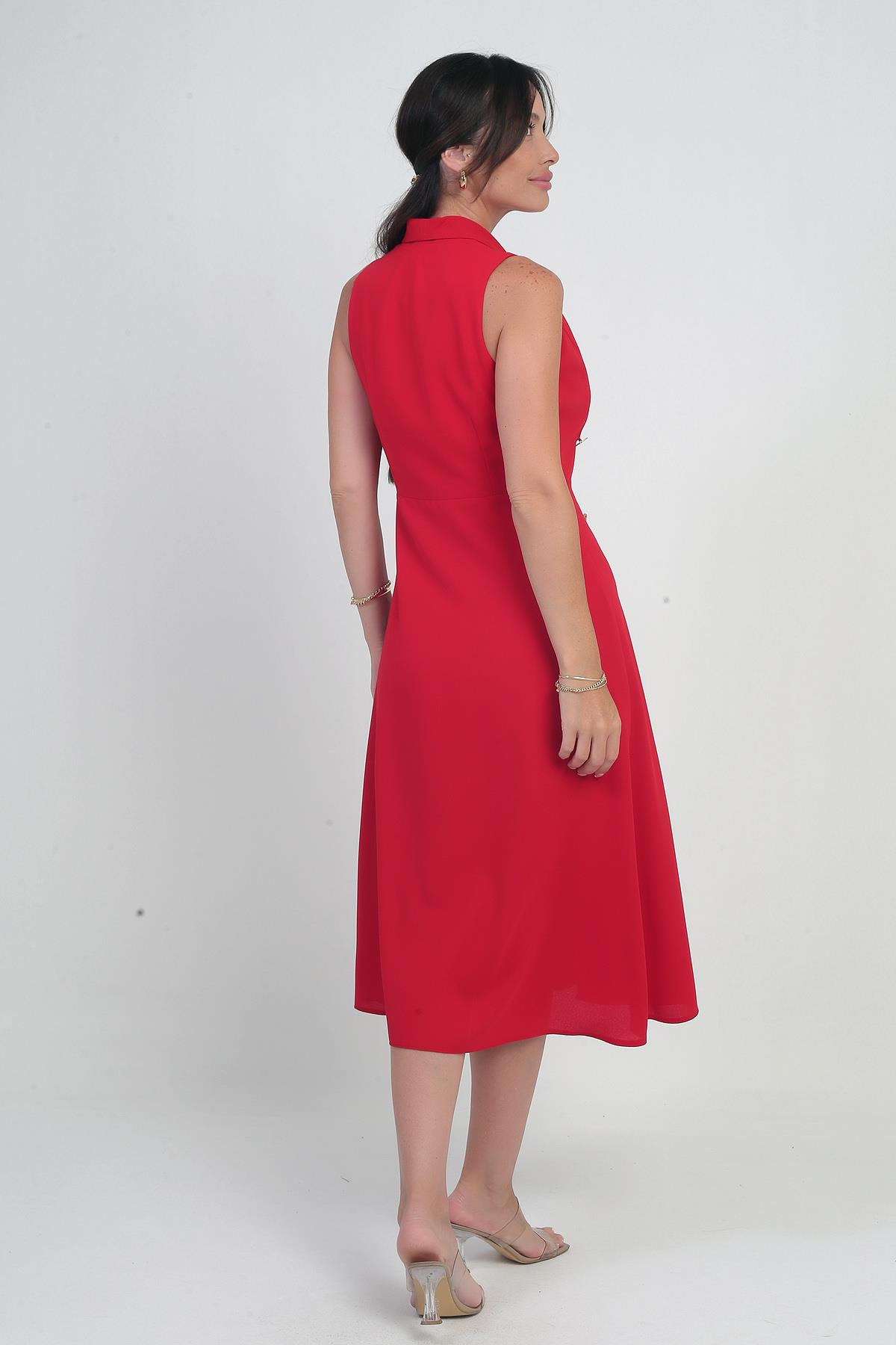 S-25Y0910002Kadın Kruvaze Yaka Astarlı Çift Yırtmaçlı Düğme Detaylı Midi Krep Elbise