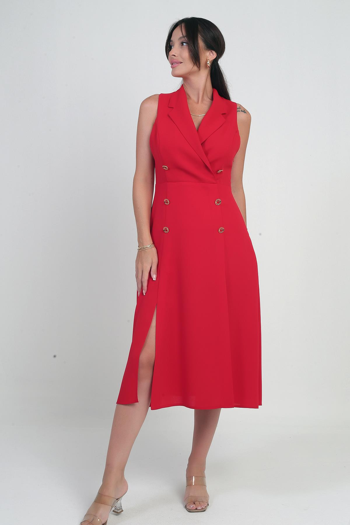 S-25Y0910002Kadın Kruvaze Yaka Astarlı Çift Yırtmaçlı Düğme Detaylı Midi Krep Elbise