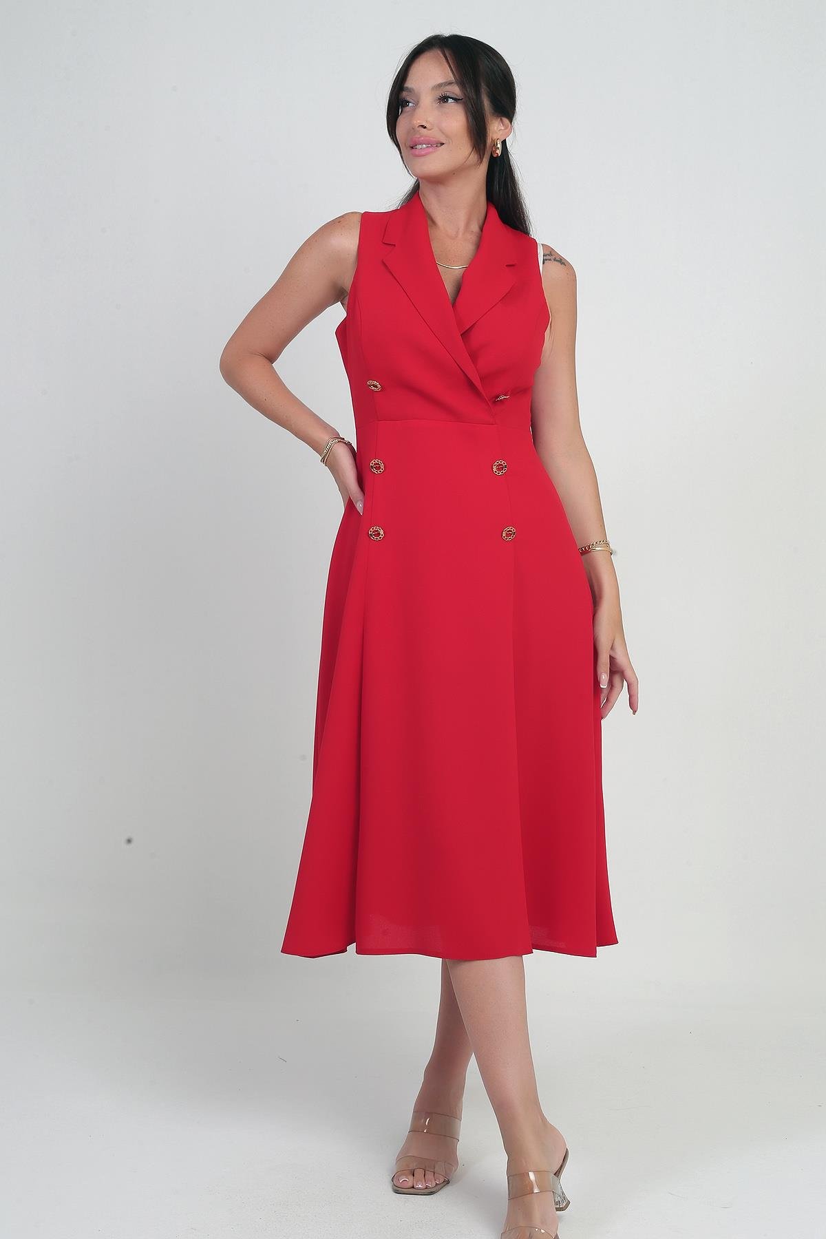 S-25Y0910002Kadın Kruvaze Yaka Astarlı Çift Yırtmaçlı Düğme Detaylı Midi Krep Elbise