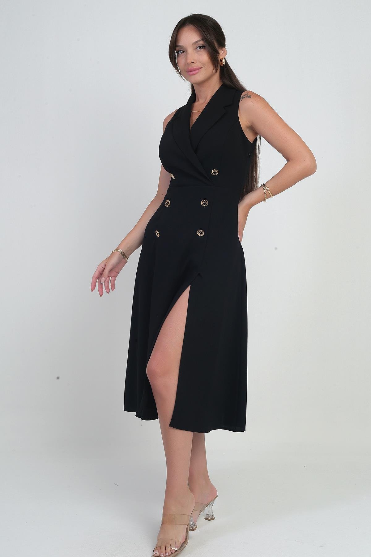 S-25Y0910002Kadın Kruvaze Yaka Astarlı Çift Yırtmaçlı Düğme Detaylı Midi Krep Elbise