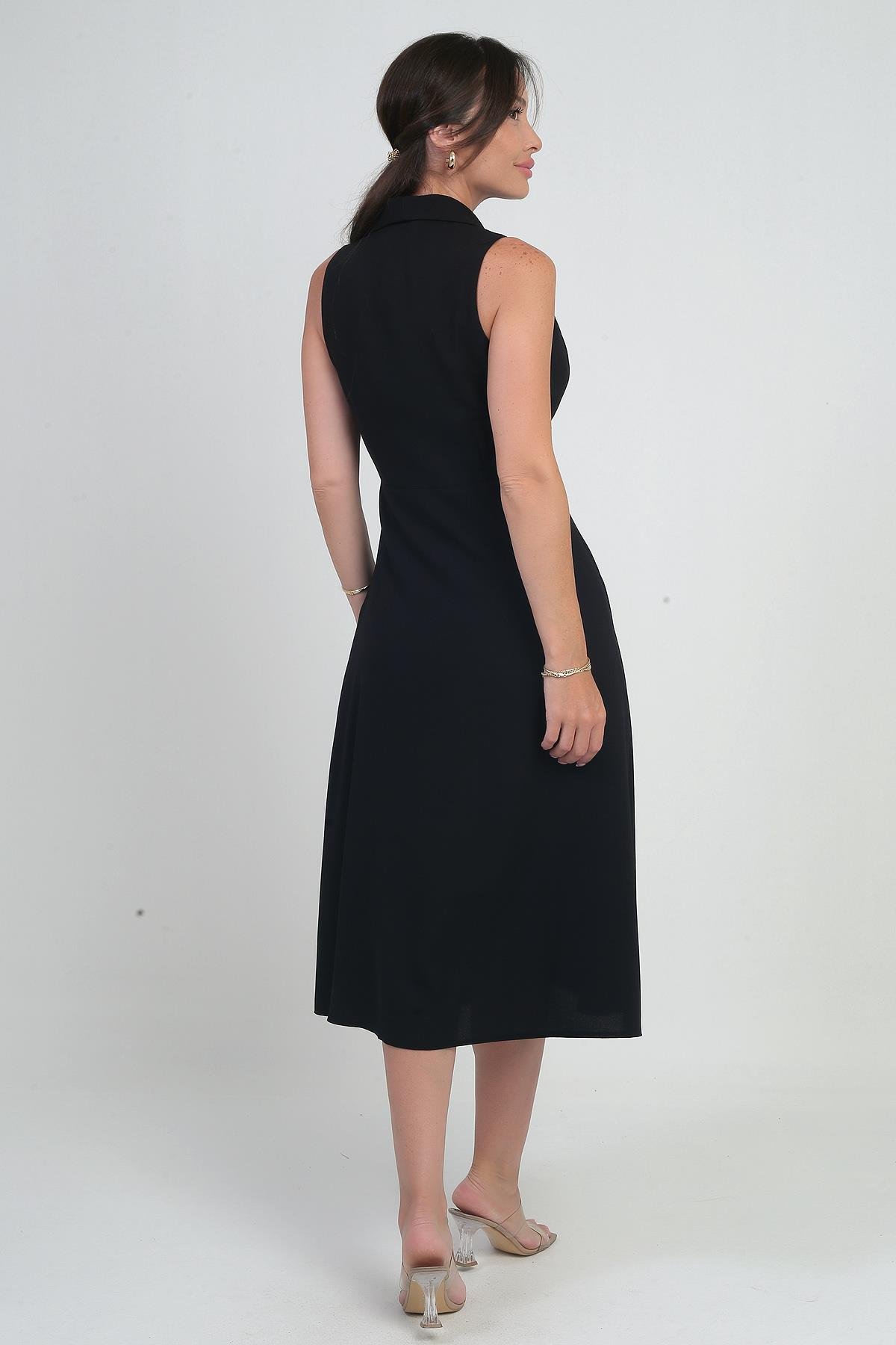 S-25Y0910002Kadın Kruvaze Yaka Astarlı Çift Yırtmaçlı Düğme Detaylı Midi Krep Elbise