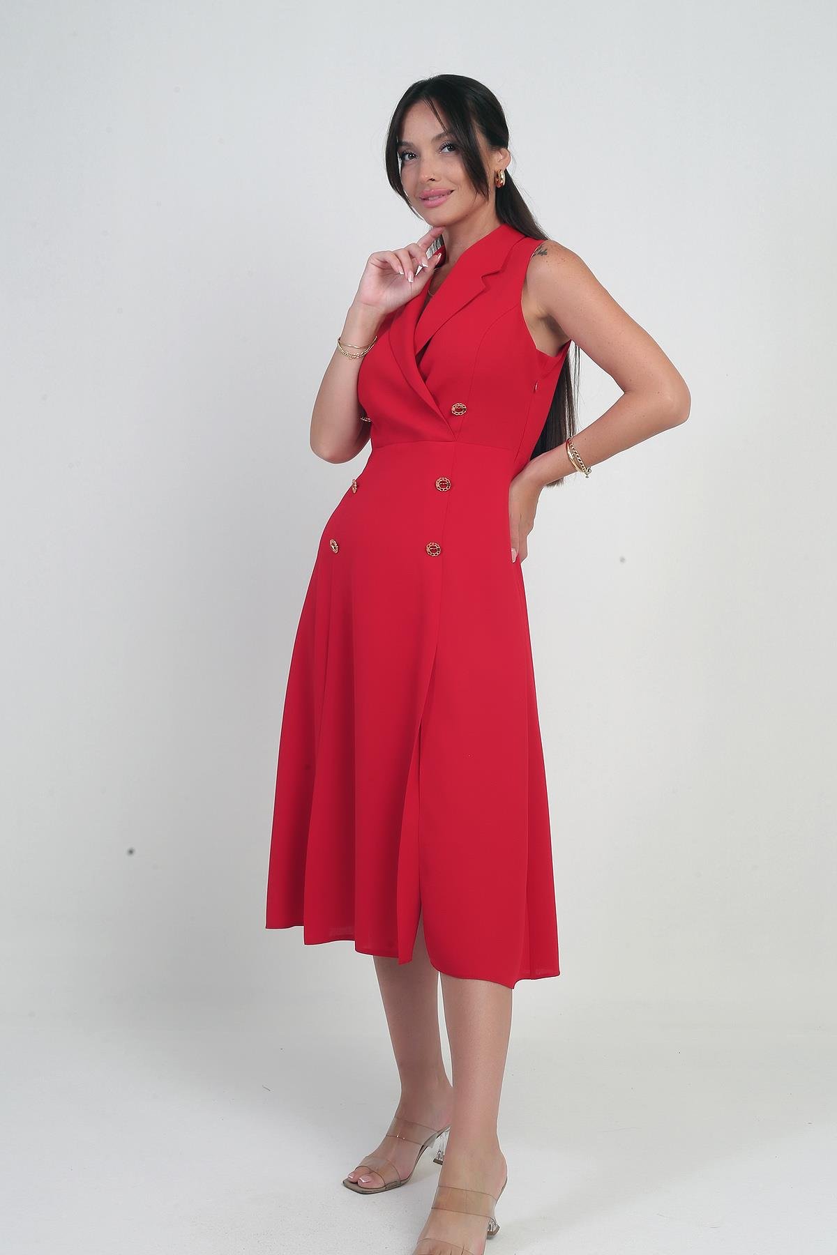 S-25Y0910002Kadın Kruvaze Yaka Astarlı Çift Yırtmaçlı Düğme Detaylı Midi Krep Elbise