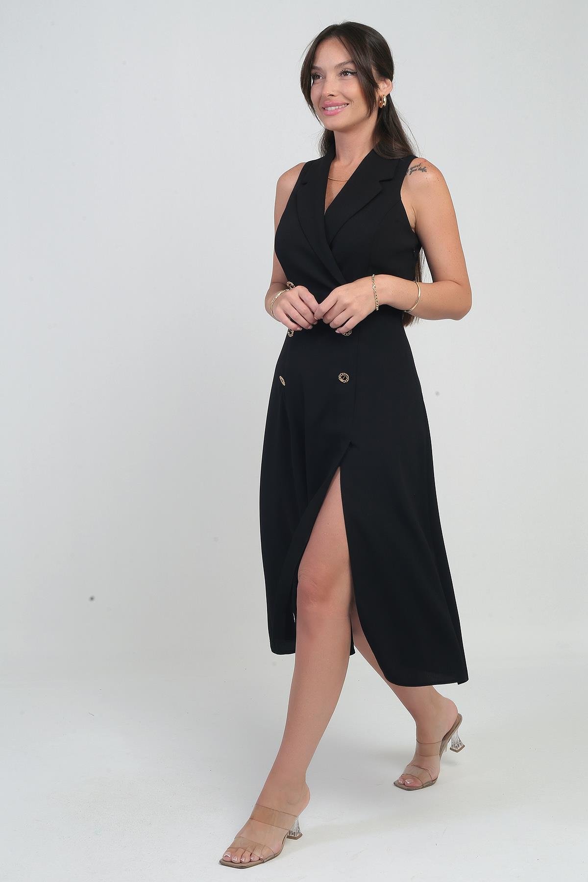 S-25Y0910002Kadın Kruvaze Yaka Astarlı Çift Yırtmaçlı Düğme Detaylı Midi Krep Elbise