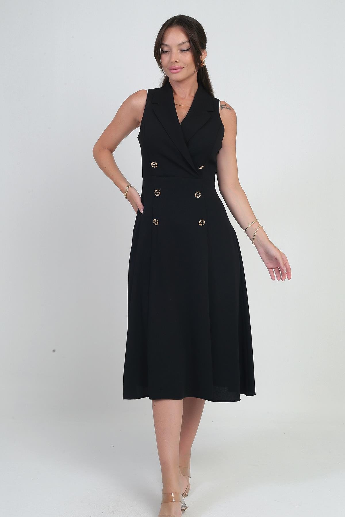 S-25Y0910002Kadın Kruvaze Yaka Astarlı Çift Yırtmaçlı Düğme Detaylı Midi Krep Elbise