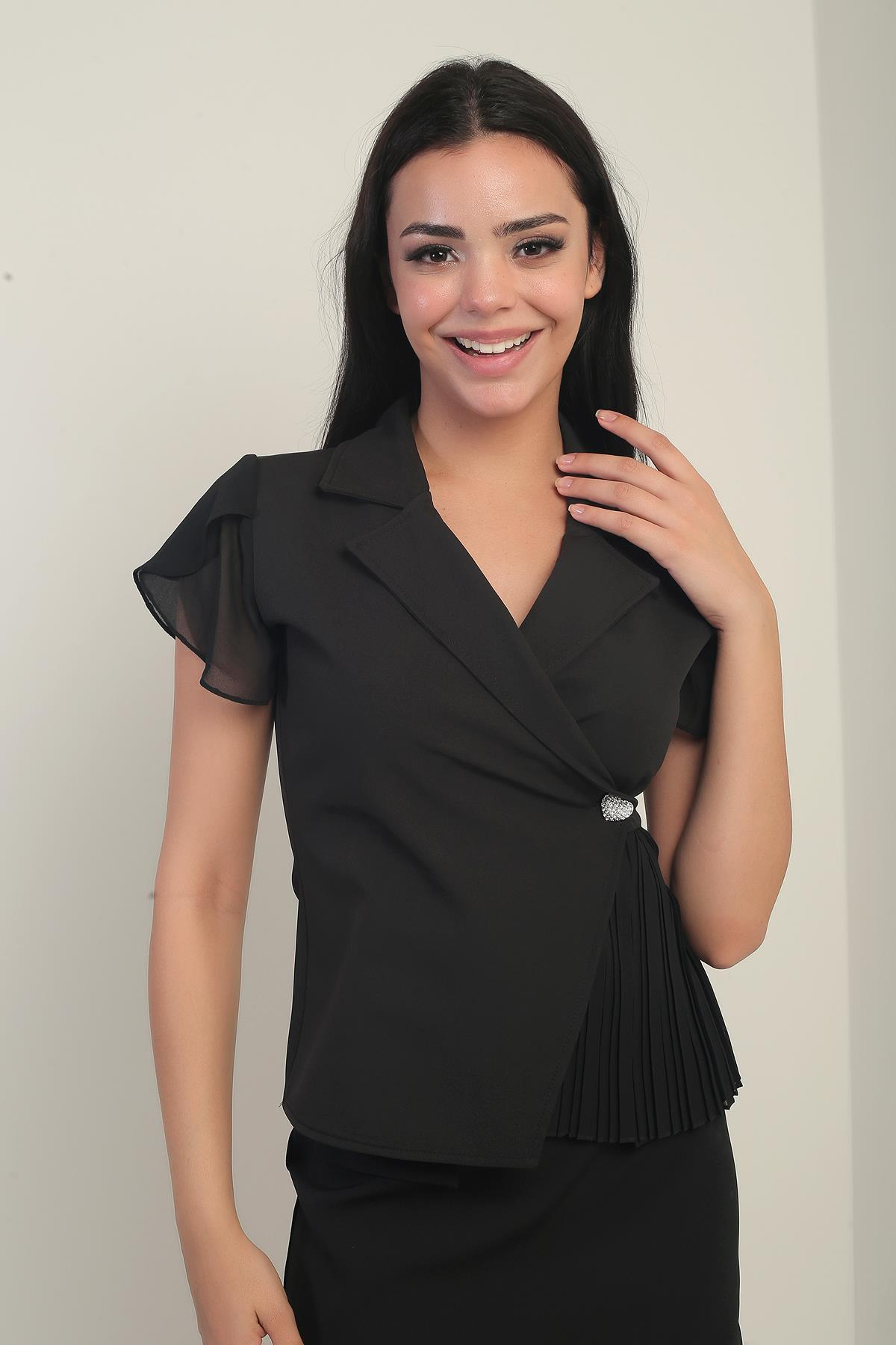 S-25Y1030002Kadın Kruvaze Yaka Kol Ve Eteği Şİfon Bluz