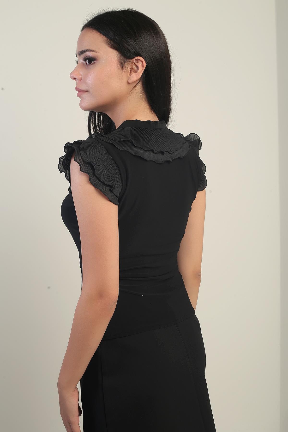 S-25Y1030005Kadın V Yaka Fırfır Detaylı Likralı Bluz